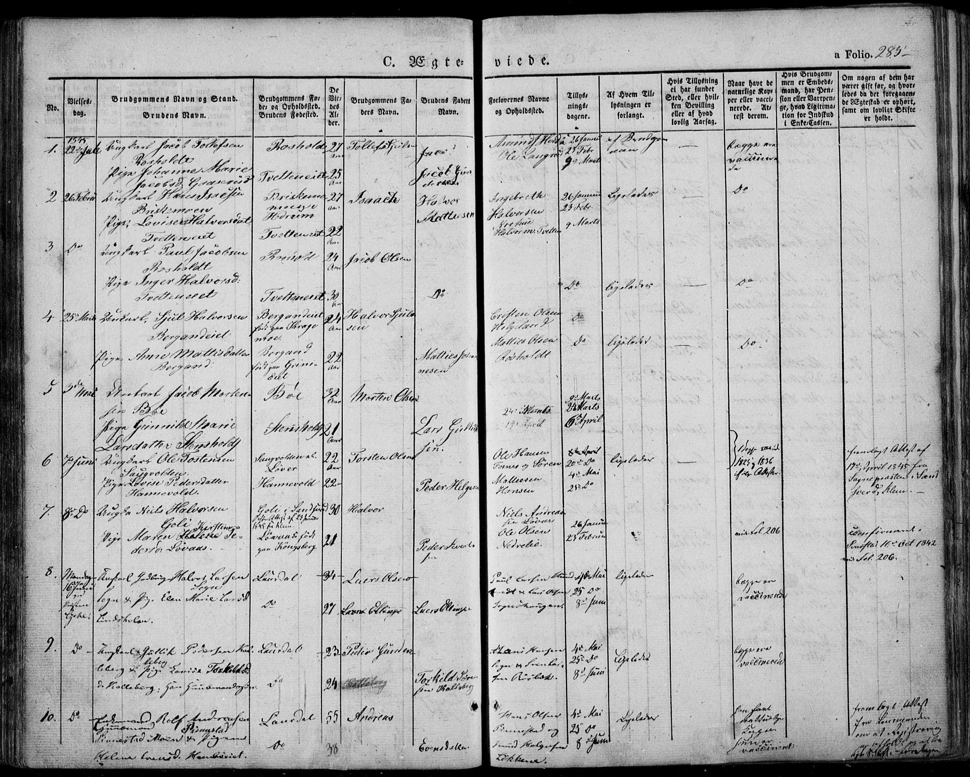 Lardal kirkebøker, AV/SAKO-A-350/F/Fa/L0006: Parish register (official) no. I 6, 1835-1860, p. 285