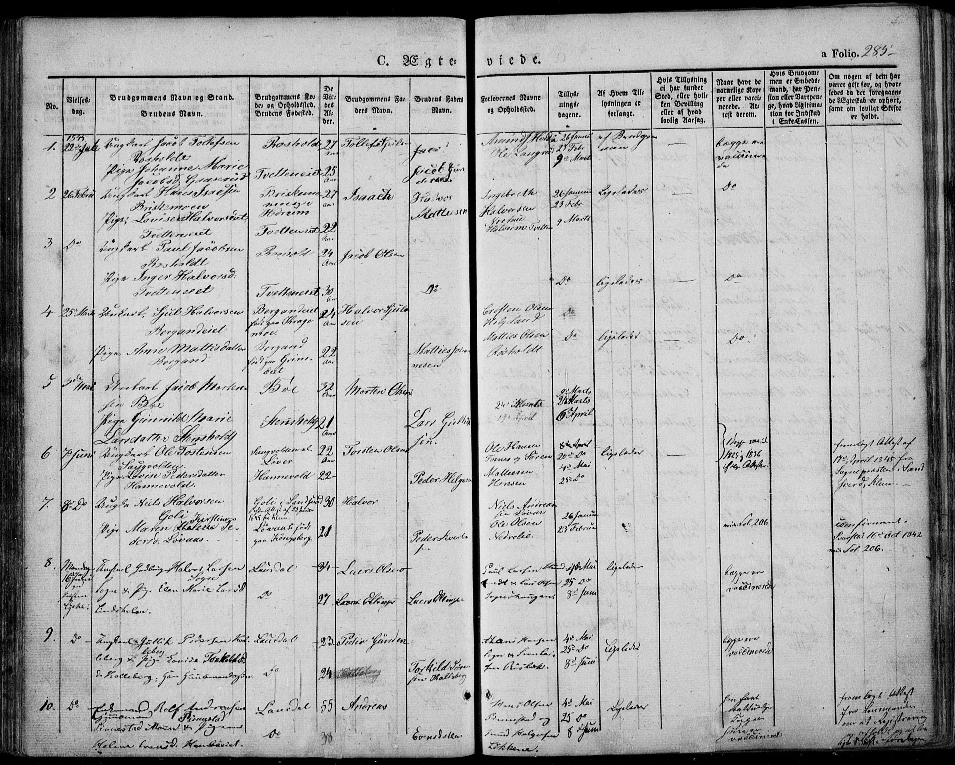 Lardal kirkebøker, AV/SAKO-A-350/F/Fa/L0006: Parish register (official) no. I 6, 1835-1860, p. 285