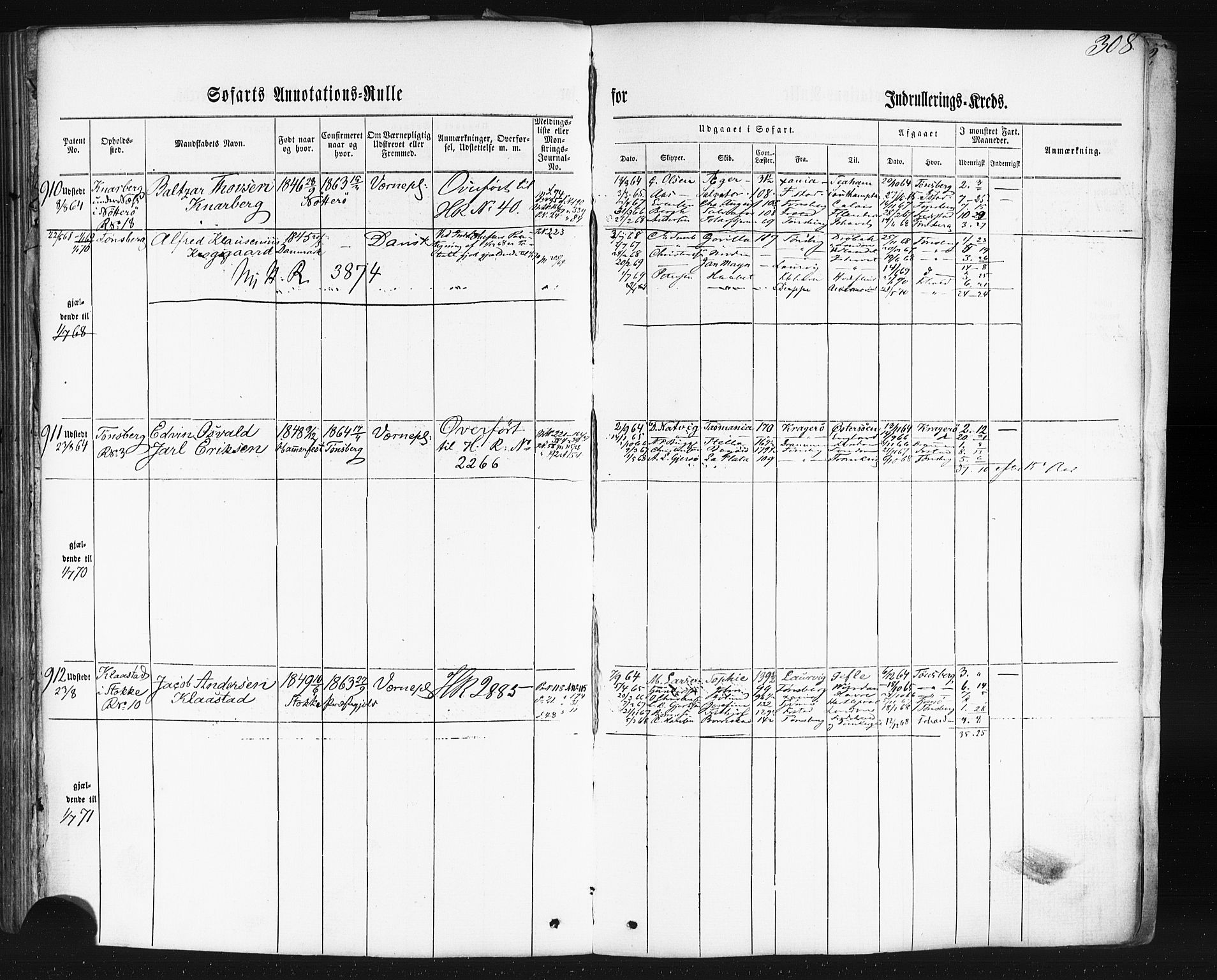 Tønsberg innrulleringskontor, SAKO/A-786/F/Fb/L0001: Annotasjonsrulle Patent nr. 1-1724, 1860-1868, p. 322