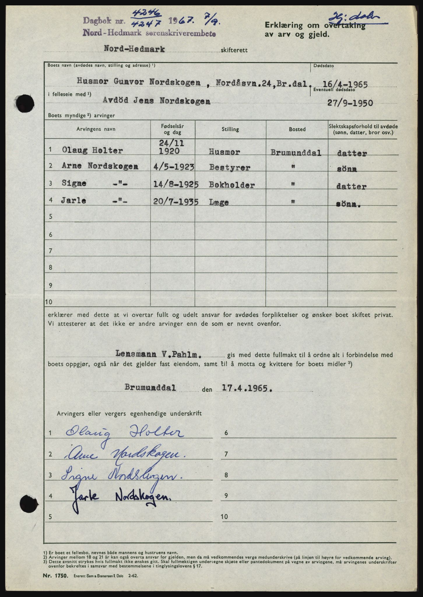 Nord-Hedmark sorenskriveri, SAH/TING-012/H/Hc/L0026: Mortgage book no. 26, 1967-1967, Diary no: : 4246/1967