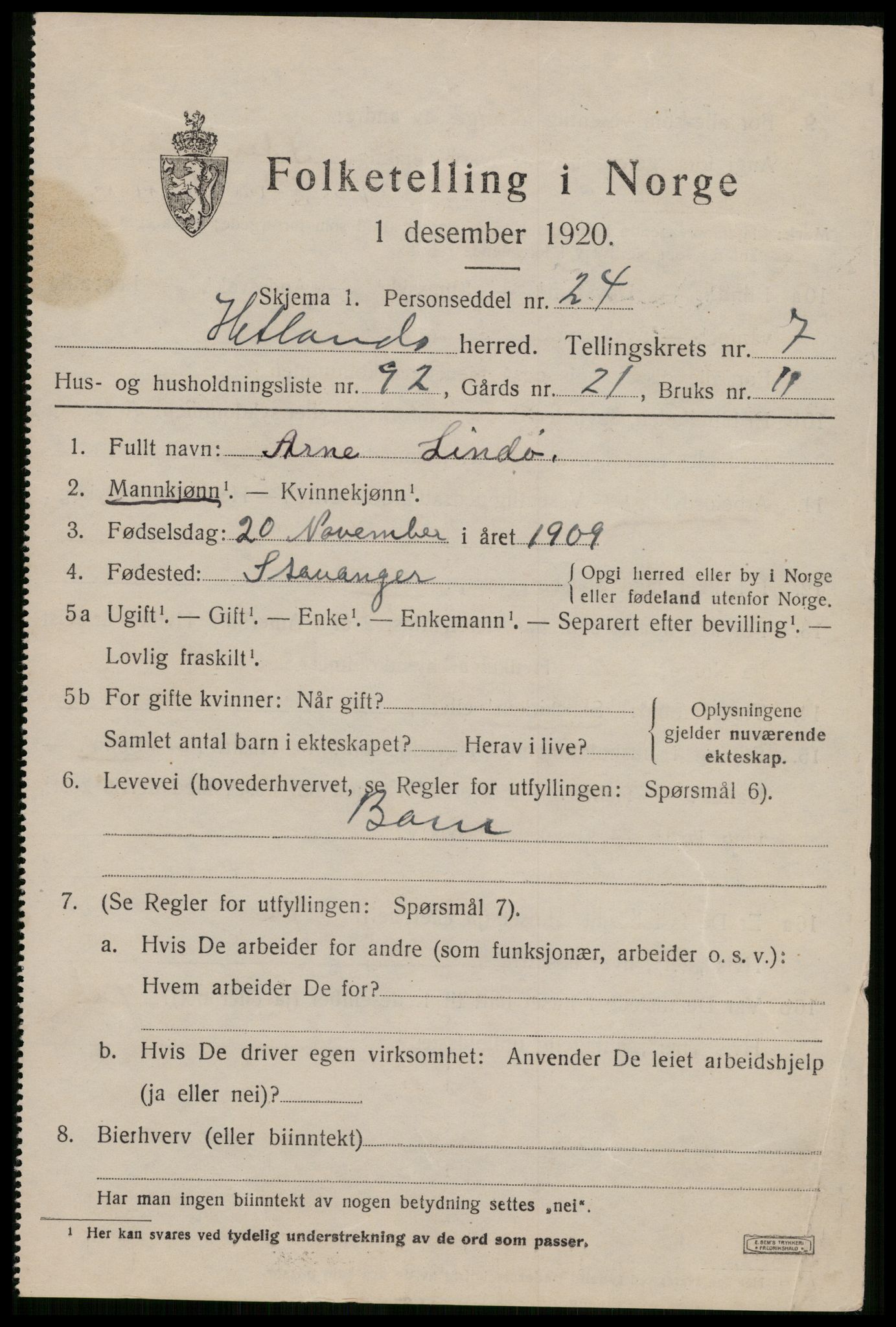 SAST, 1920 census for Hetland, 1920, p. 15441