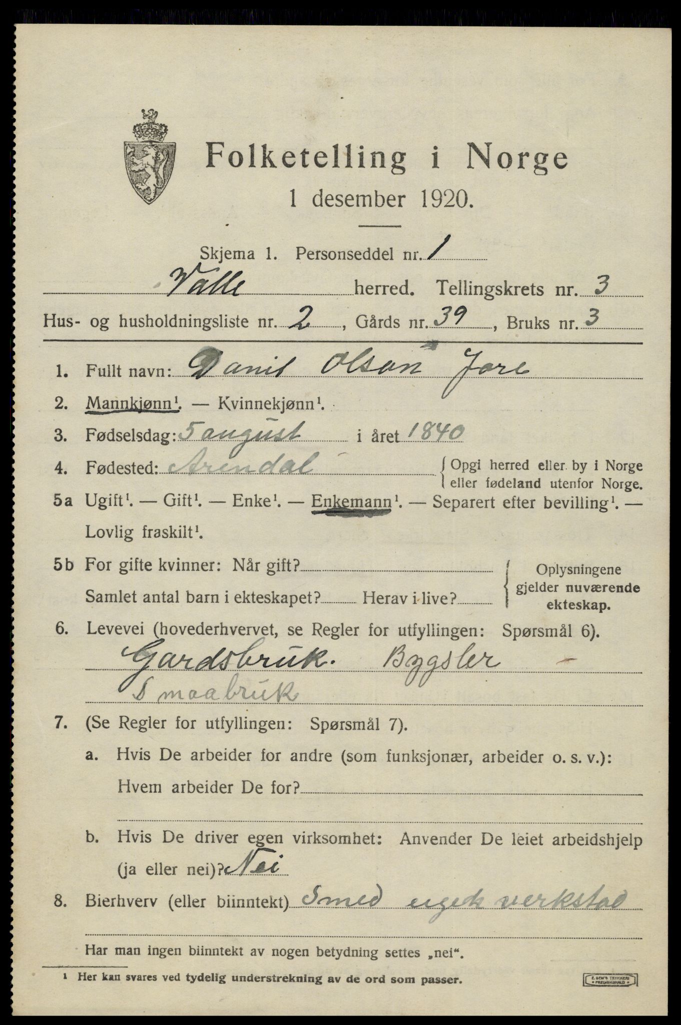 SAK, 1920 census for Valle, 1920, p. 1547