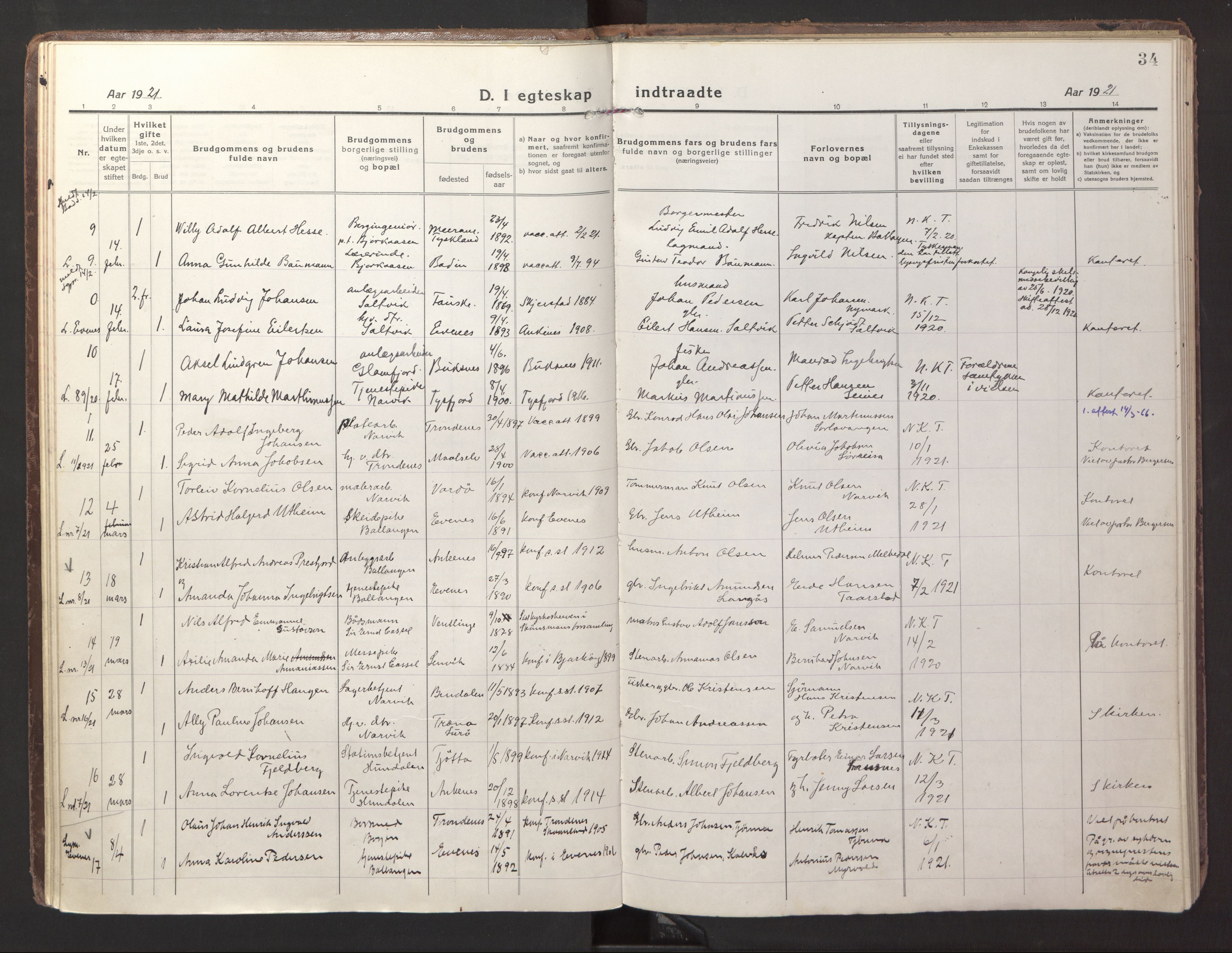 Ministerialprotokoller, klokkerbøker og fødselsregistre - Nordland, AV/SAT-A-1459/871/L1002: Parish register (official) no. 871A18, 1917-1926, p. 34