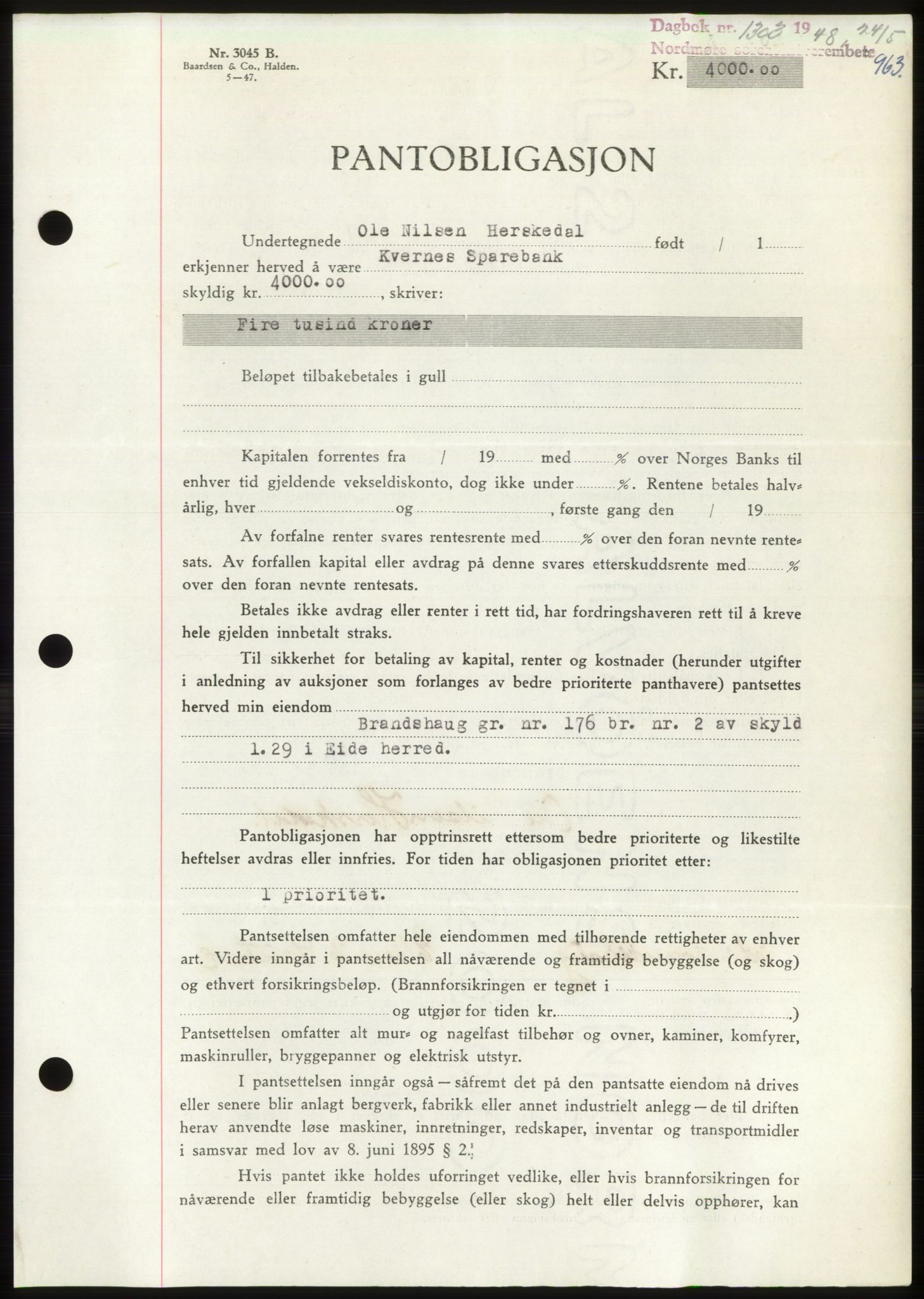 Nordmøre sorenskriveri, AV/SAT-A-4132/1/2/2Ca: Mortgage book no. B98, 1948-1948, Diary no: : 1303/1948