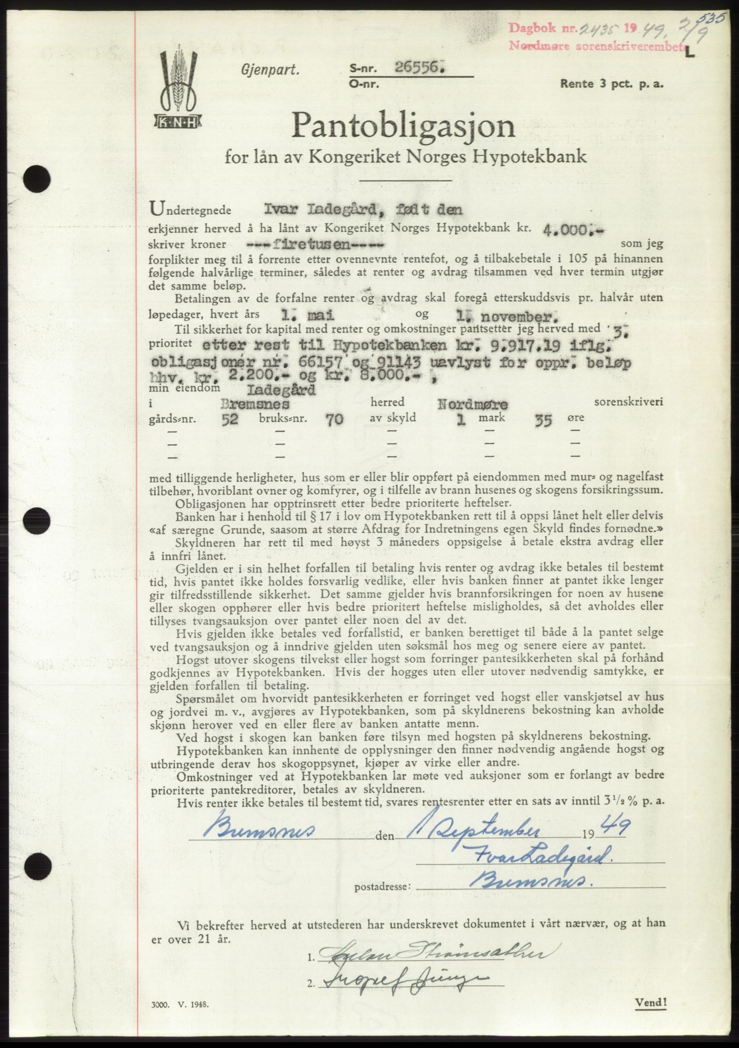 Nordmøre sorenskriveri, AV/SAT-A-4132/1/2/2Ca: Mortgage book no. B102, 1949-1949, Diary no: : 2435/1949