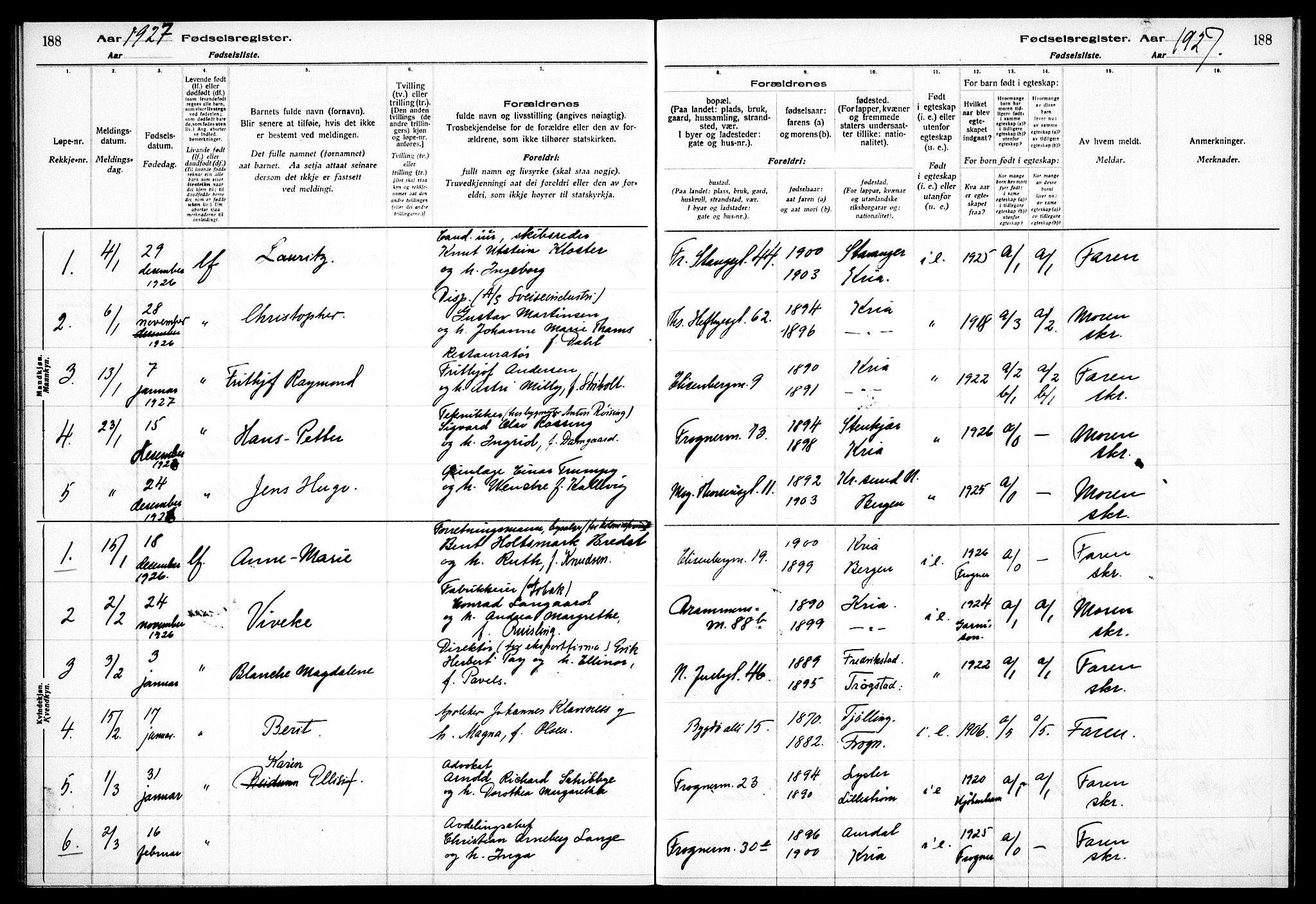 Frogner prestekontor Kirkebøker, SAO/A-10886/J/Ja/L0001: Birth register no. 1, 1916-1927, p. 188