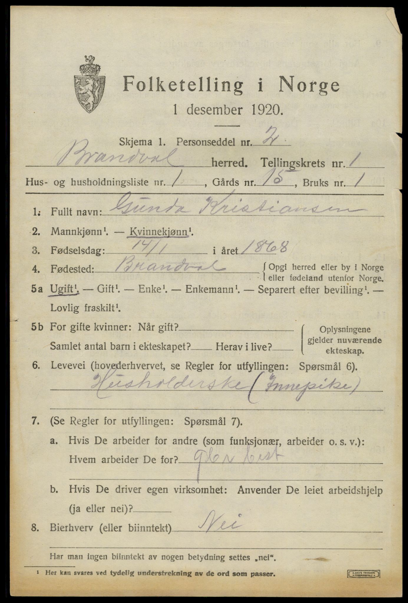 SAH, 1920 census for Brandval, 1920, p. 1520