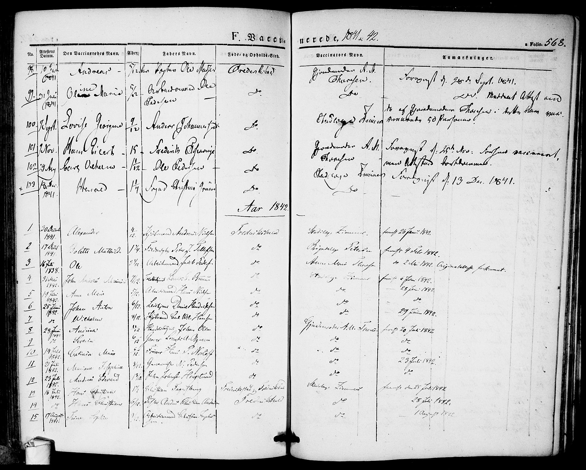 Halden prestekontor Kirkebøker, SAO/A-10909/F/Fa/L0005: Parish register (official) no. I 5, 1834-1845, p. 568