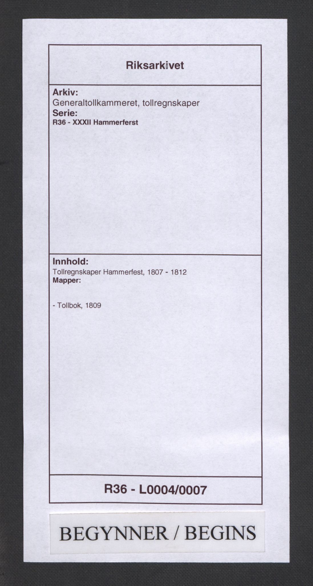 Generaltollkammeret, tollregnskaper, RA/EA-5490/R36/L0004/0011: Tollregnskaper Hammerfest / Tollbok, 1809