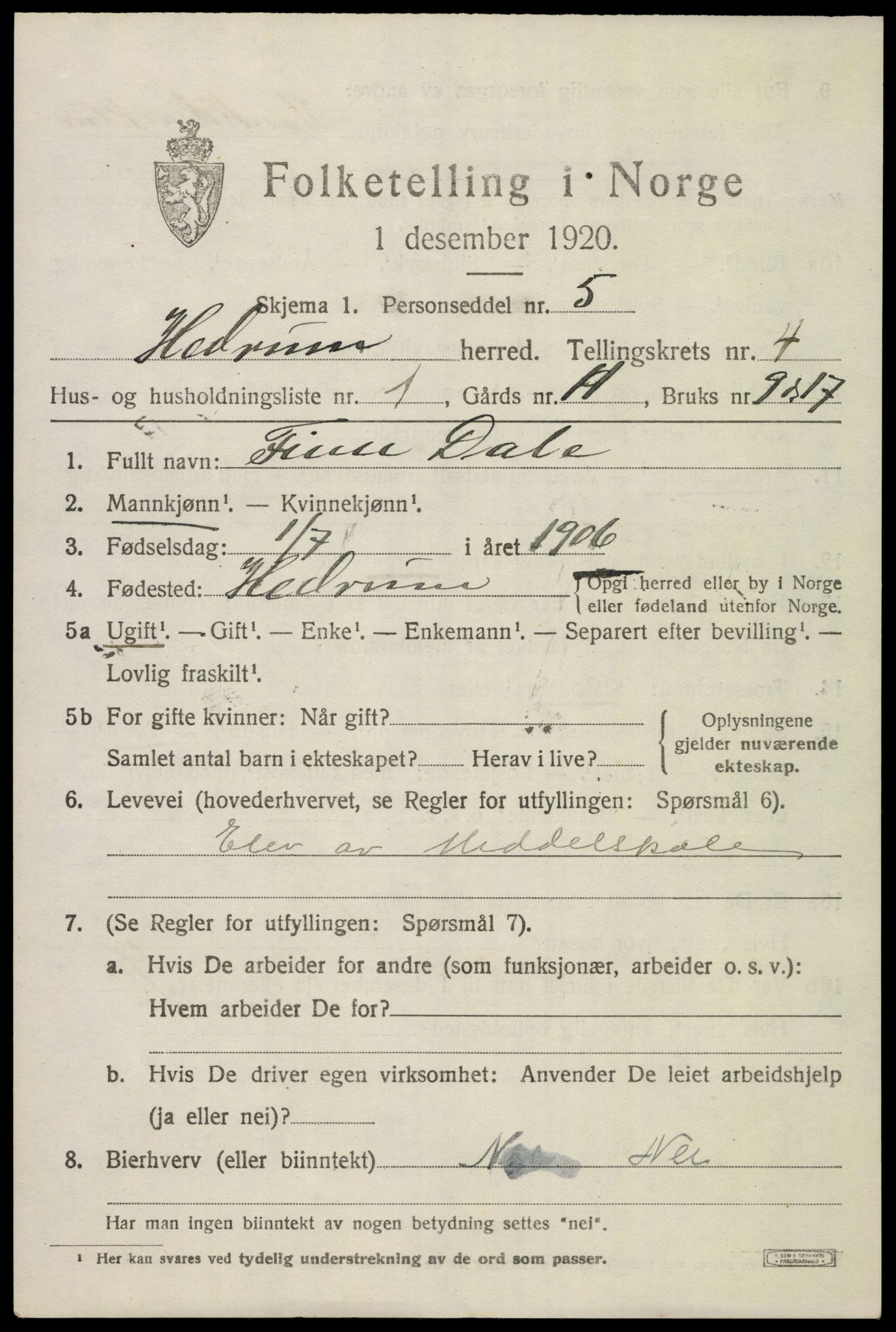 SAKO, 1920 census for Hedrum, 1920, p. 4001