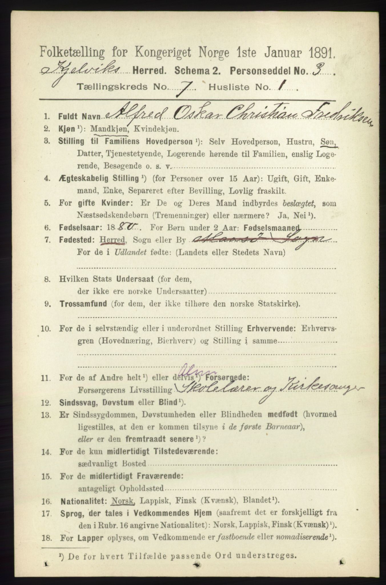 RA, 1891 census for 2019 Kjelvik, 1891, p. 889