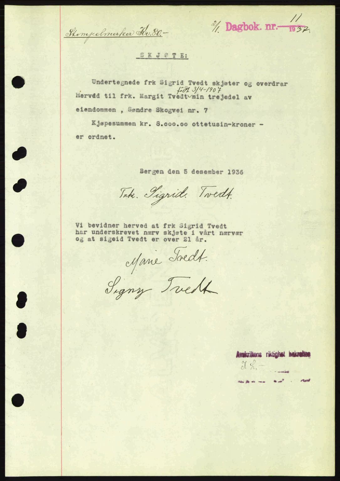 Byfogd og Byskriver i Bergen, SAB/A-3401/03/03Bc/L0004: Mortgage book no. A3-4, 1936-1937, Diary no: : 11/1937