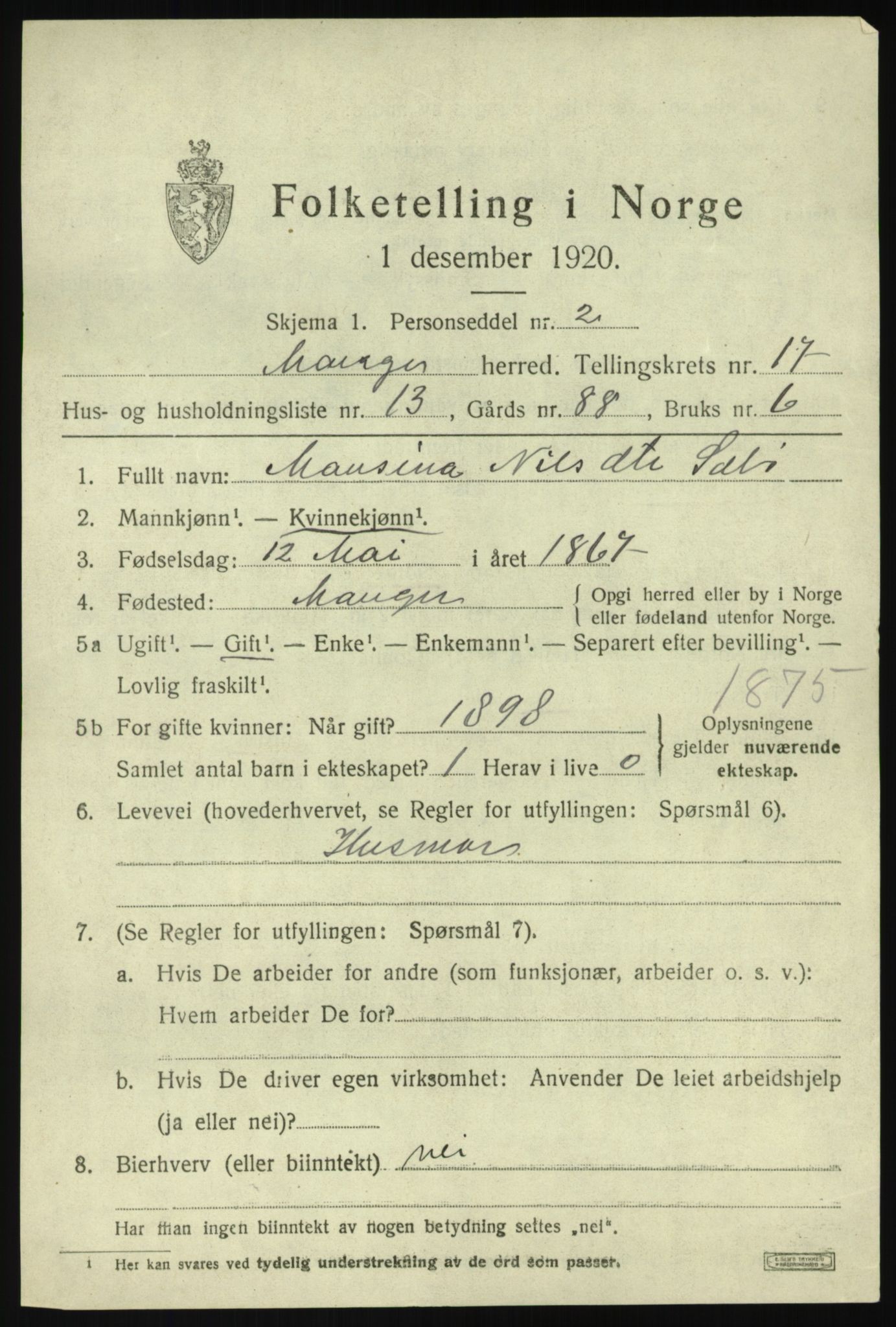 SAB, 1920 census for Manger, 1920, p. 9708