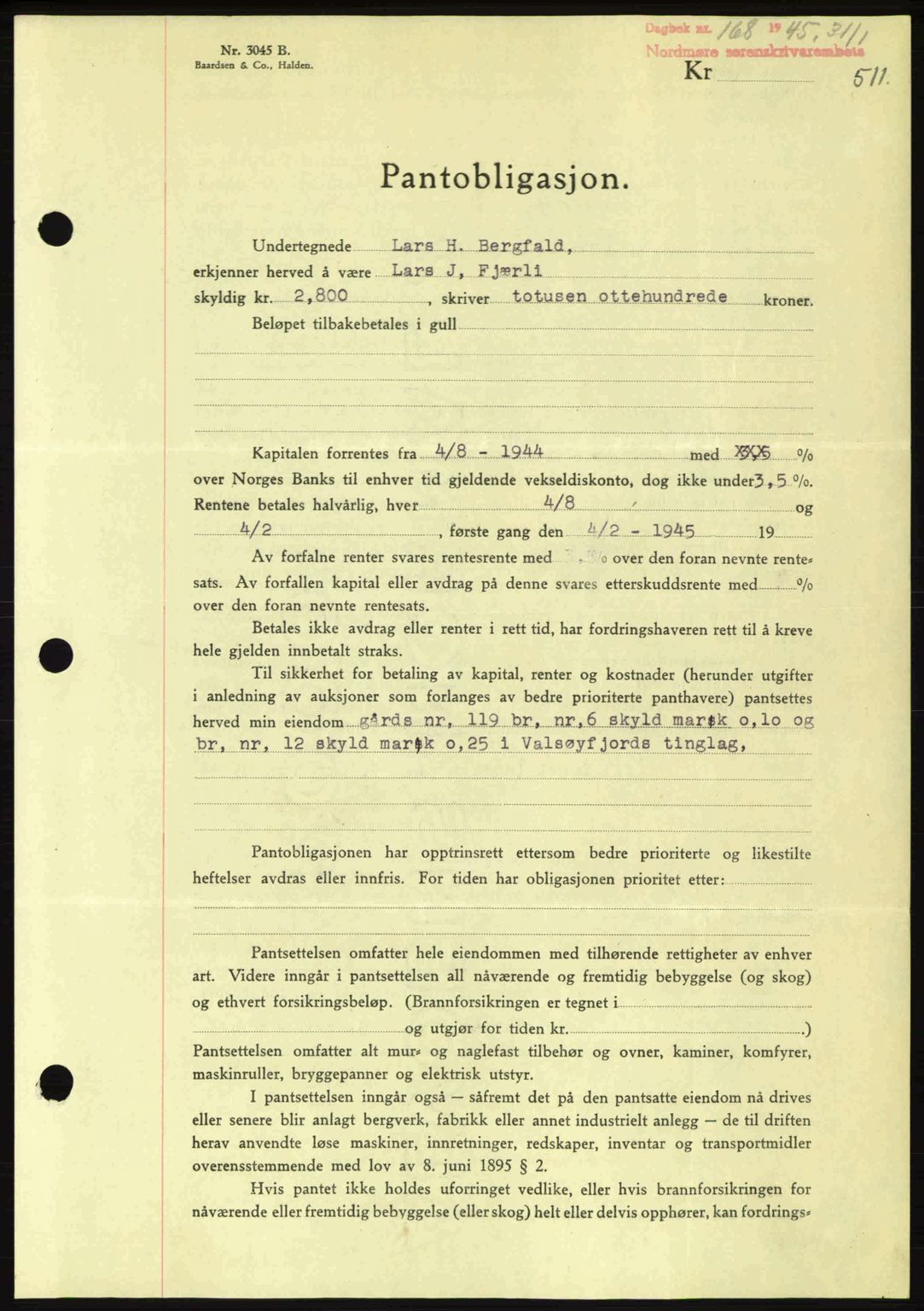 Nordmøre sorenskriveri, AV/SAT-A-4132/1/2/2Ca: Mortgage book no. B92, 1944-1945, Diary no: : 168/1945