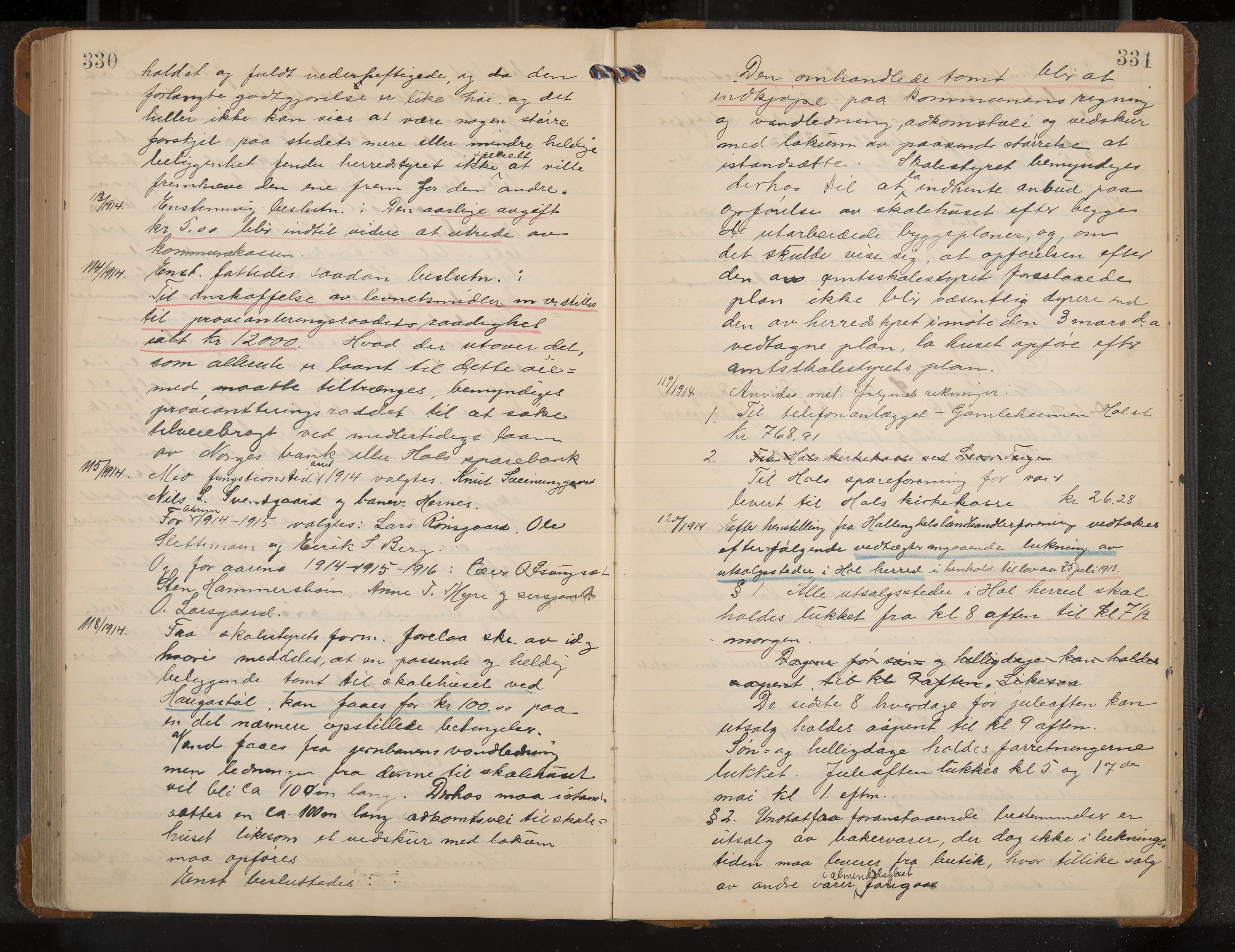 Hol formannskap og sentraladministrasjon, IKAK/0620021-1/A/L0005: Møtebok, 1909-1915, p. 330-331