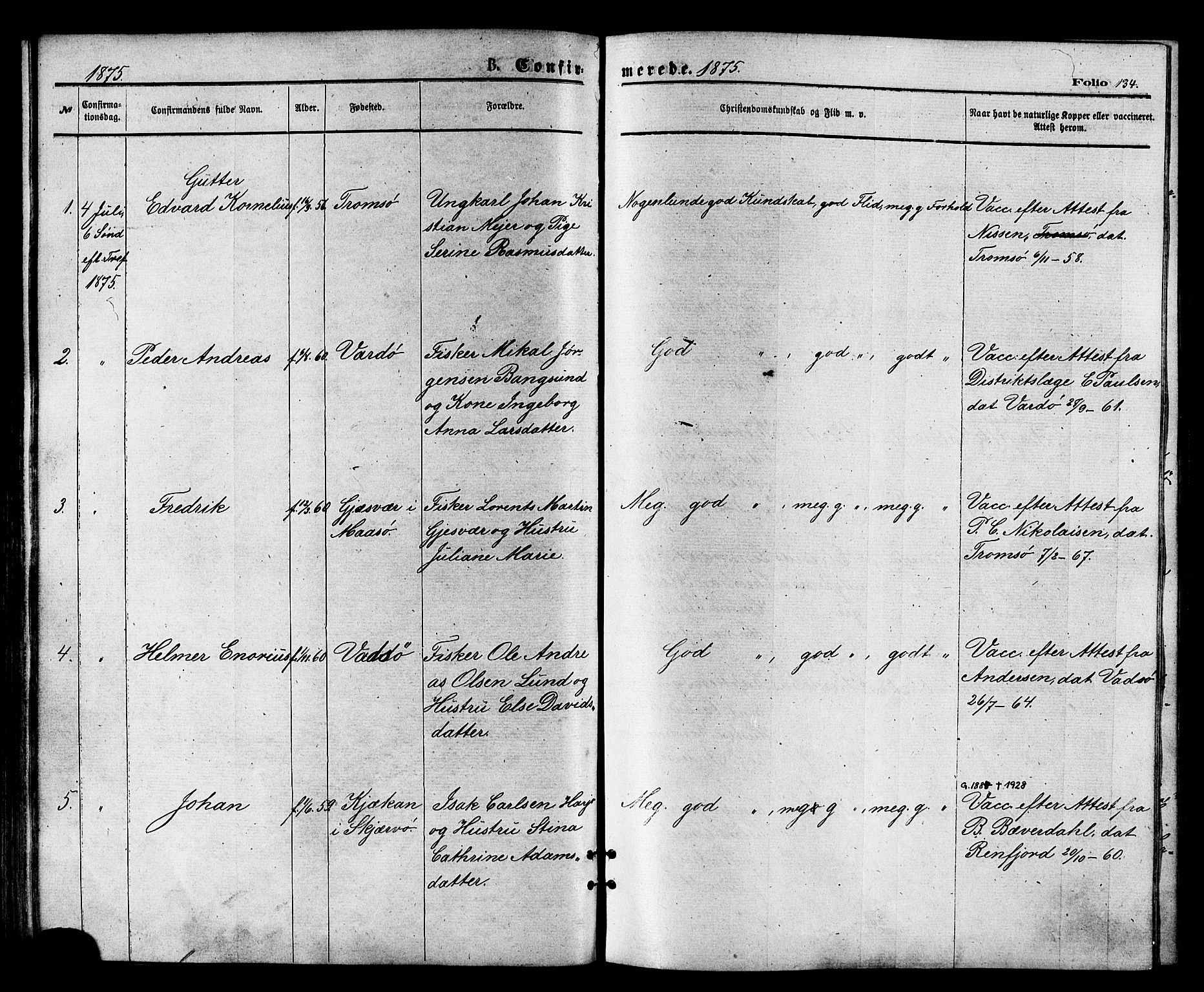 Vardø sokneprestkontor, SATØ/S-1332/H/Ha/L0005kirke: Parish register (official) no. 5, 1872-1878, p. 134