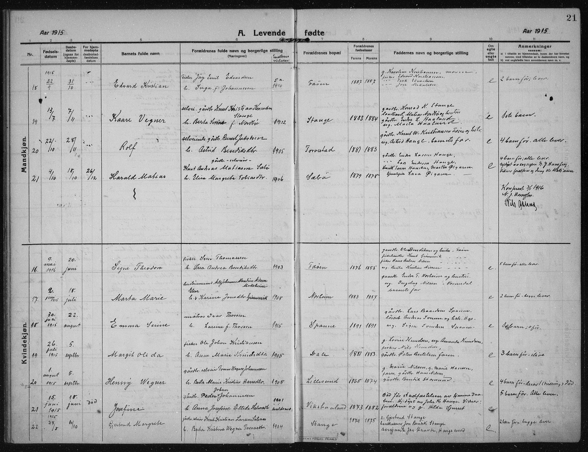 Torvastad sokneprestkontor, AV/SAST-A -101857/H/Ha/Haa/L0019: Parish register (official) no. A 18, 1912-1920, p. 21