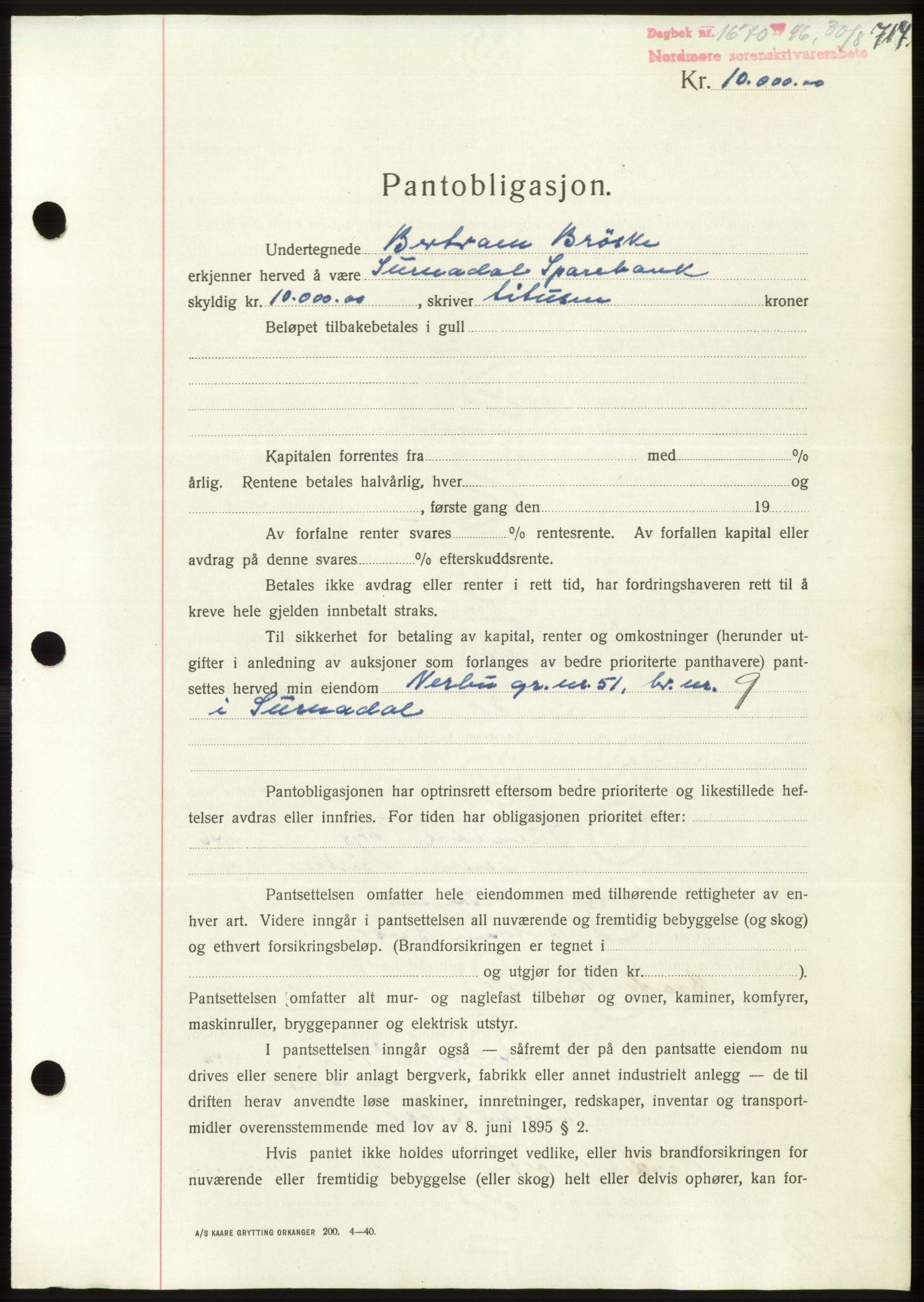 Nordmøre sorenskriveri, AV/SAT-A-4132/1/2/2Ca: Mortgage book no. B94, 1946-1946, Diary no: : 1670/1946