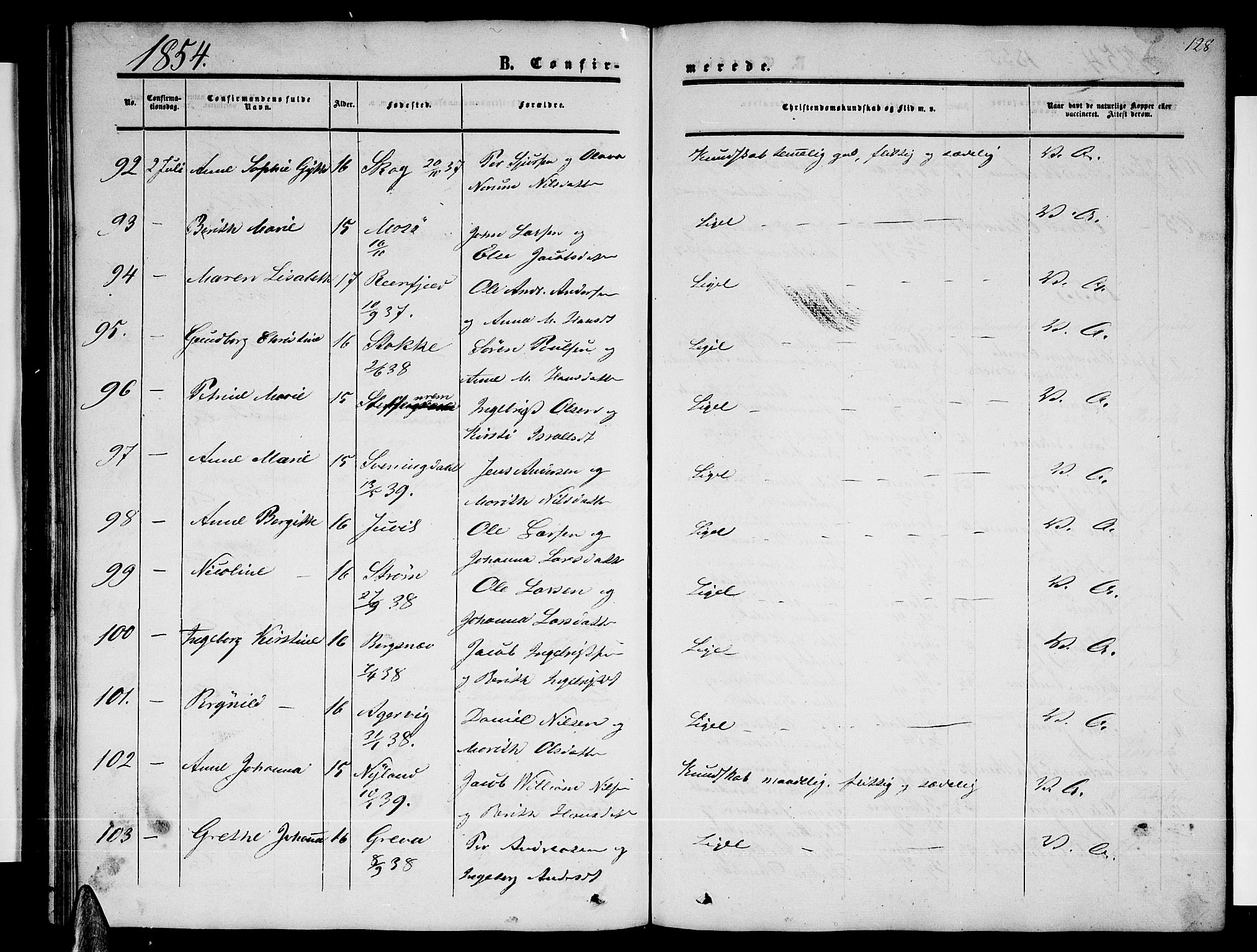 Ministerialprotokoller, klokkerbøker og fødselsregistre - Nordland, AV/SAT-A-1459/820/L0301: Parish register (copy) no. 820C03, 1851-1858, p. 128