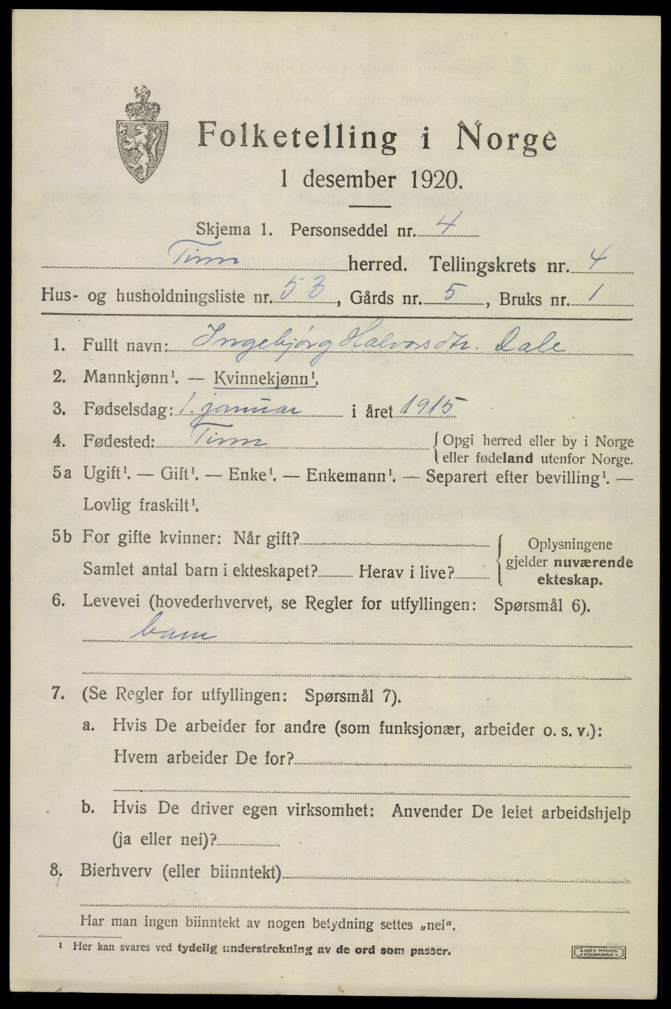 SAKO, 1920 census for Tinn, 1920, p. 4342