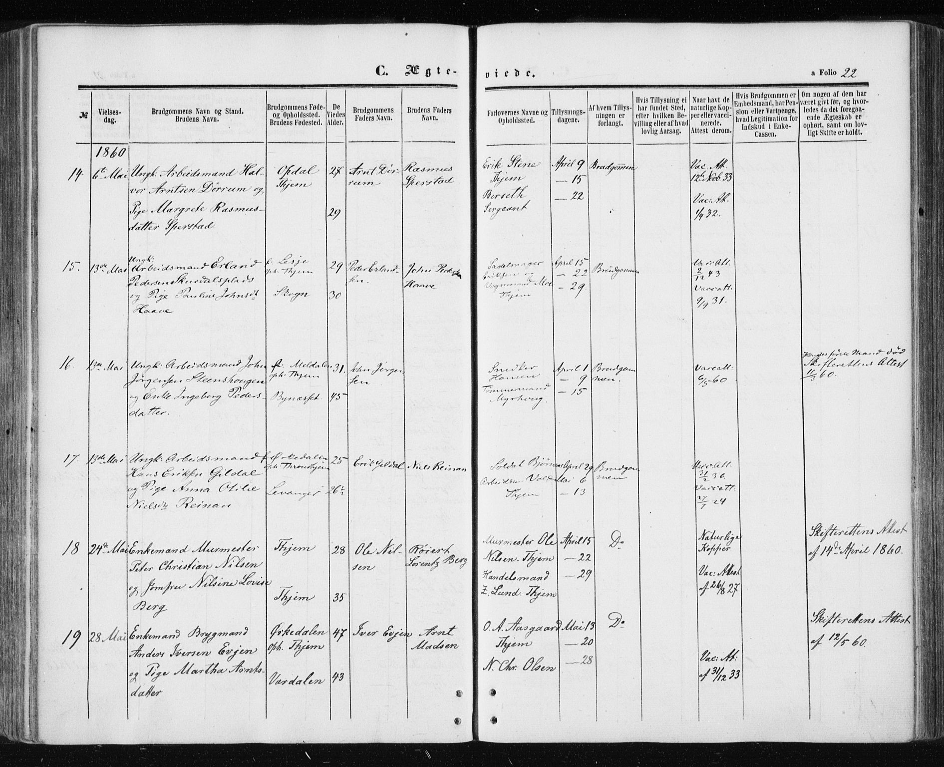 Ministerialprotokoller, klokkerbøker og fødselsregistre - Sør-Trøndelag, AV/SAT-A-1456/601/L0053: Parish register (official) no. 601A21, 1857-1865, p. 22