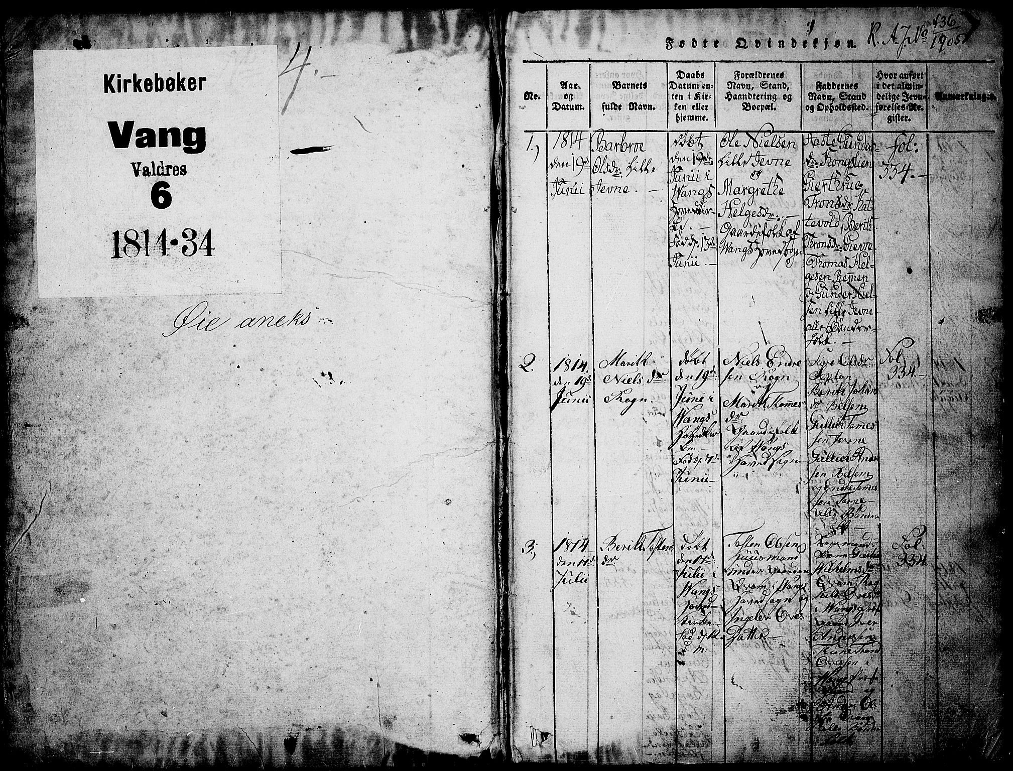 Vang prestekontor, Valdres, SAH/PREST-140/H/Hb/L0002: Parish register (copy) no. 2, 1814-1889, p. 1
