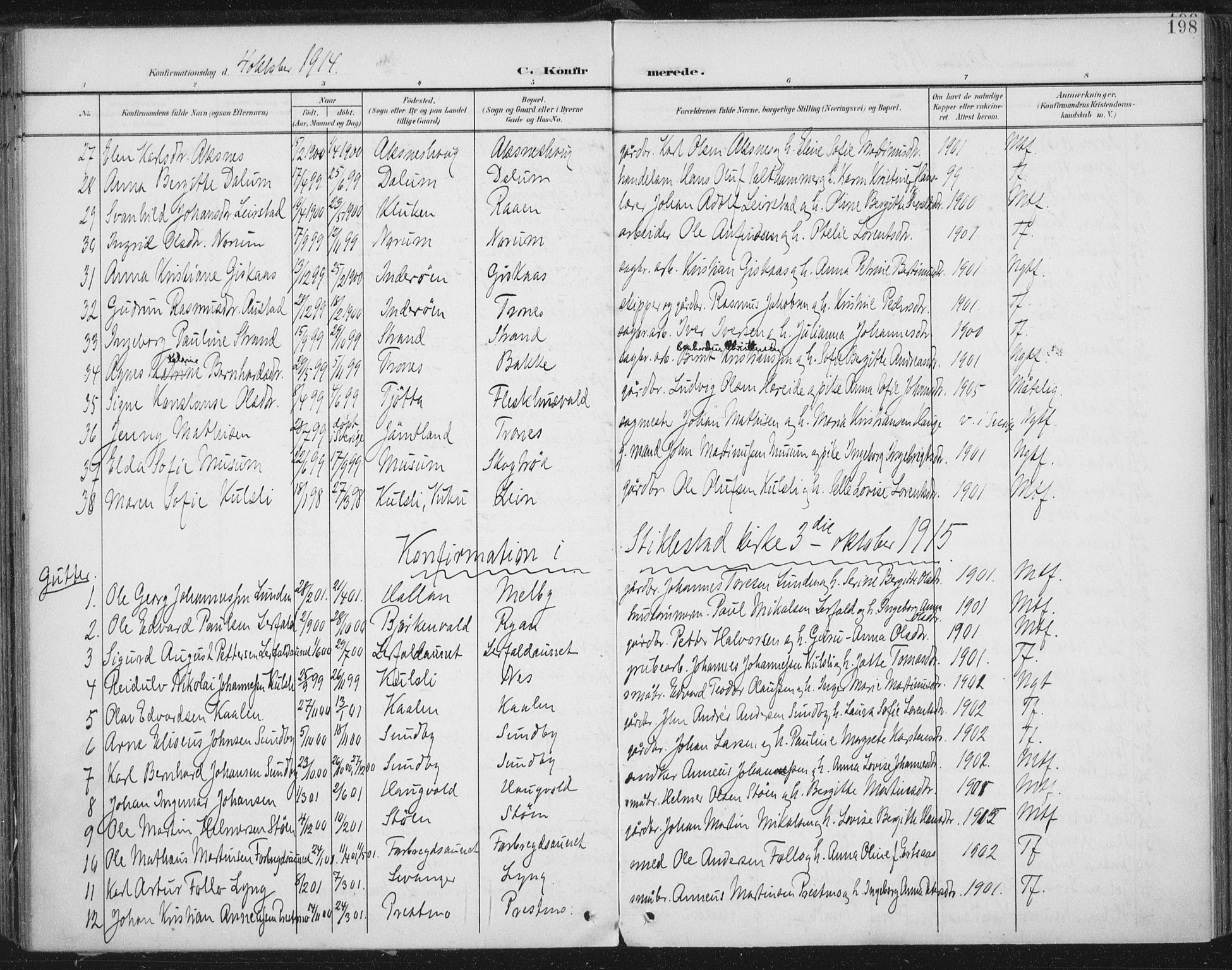 Ministerialprotokoller, klokkerbøker og fødselsregistre - Nord-Trøndelag, SAT/A-1458/723/L0246: Parish register (official) no. 723A15, 1900-1917, p. 198