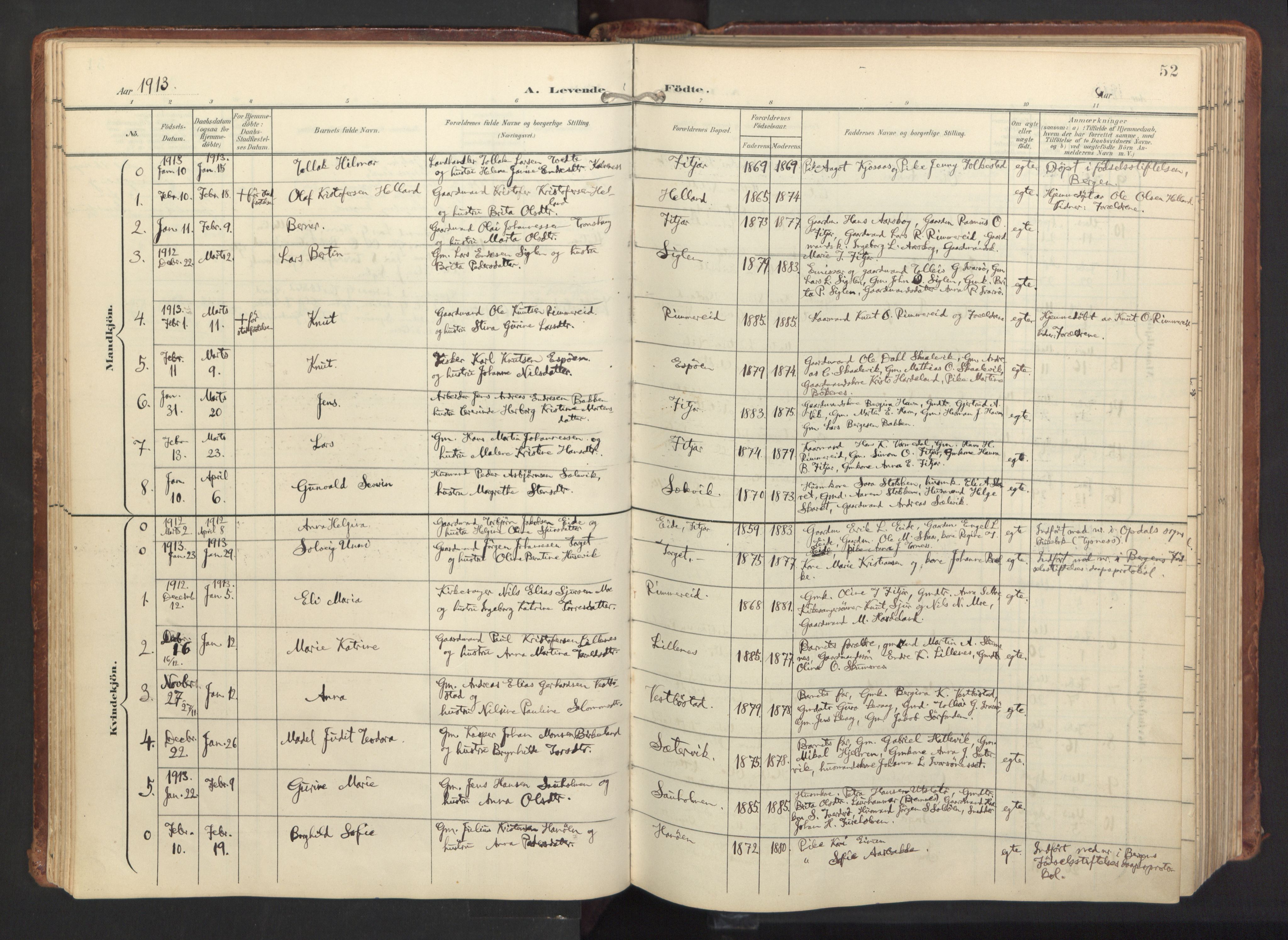 Fitjar sokneprestembete, SAB/A-99926: Parish register (official) no. A 3, 1900-1918, p. 52