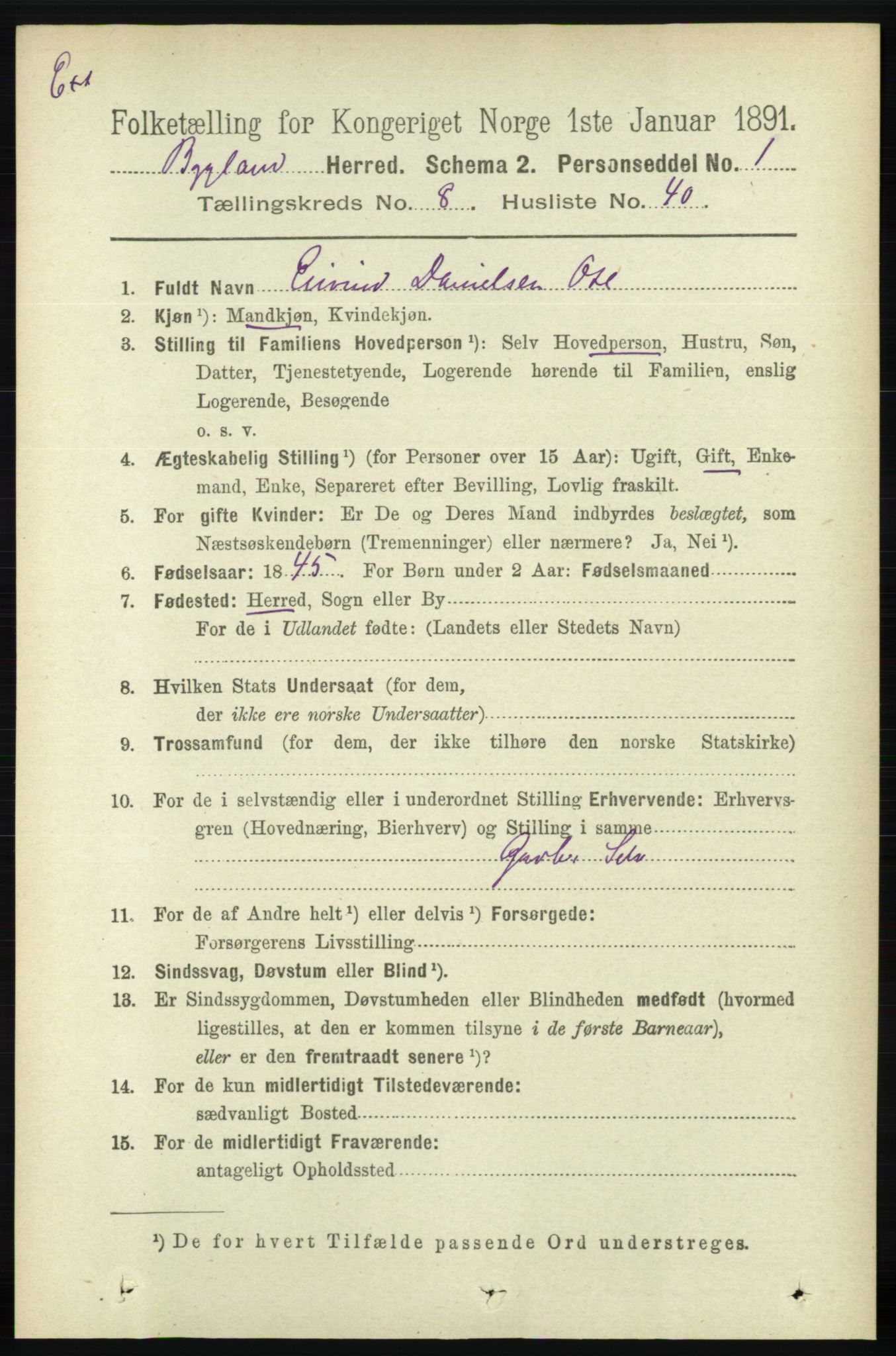 RA, Census 1891 for Nedenes amt: Gjenparter av personsedler for beslektede ektefeller, menn, 1891, p. 1039