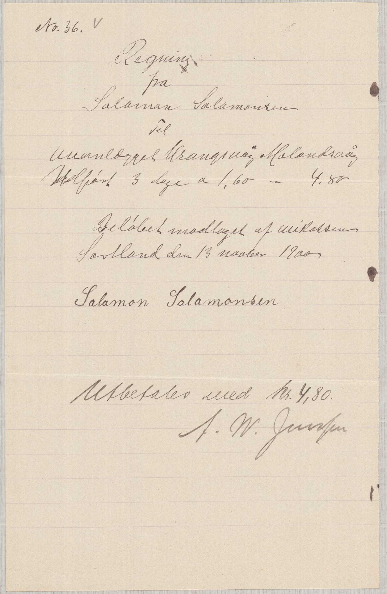 Finnaas kommune. Formannskapet, IKAH/1218a-021/E/Ea/L0002/0001: Rekneskap for veganlegg / Rekneskap for veganlegget Urangsvåg - Mælandsvåg, 1898-1900, p. 183