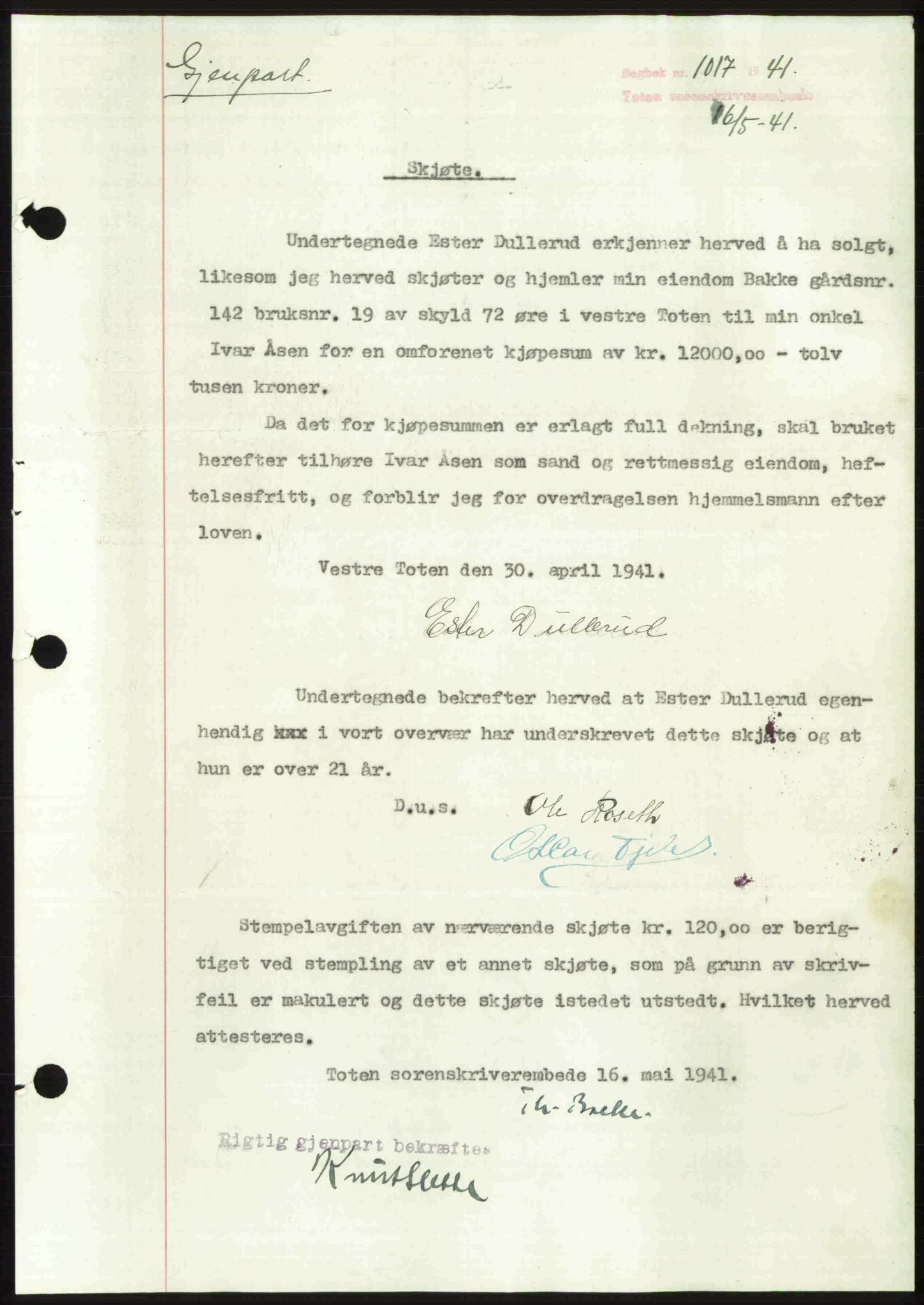 Toten tingrett, SAH/TING-006/H/Hb/Hbc/L0008: Mortgage book no. Hbc-08, 1941-1941, Diary no: : 1017/1941