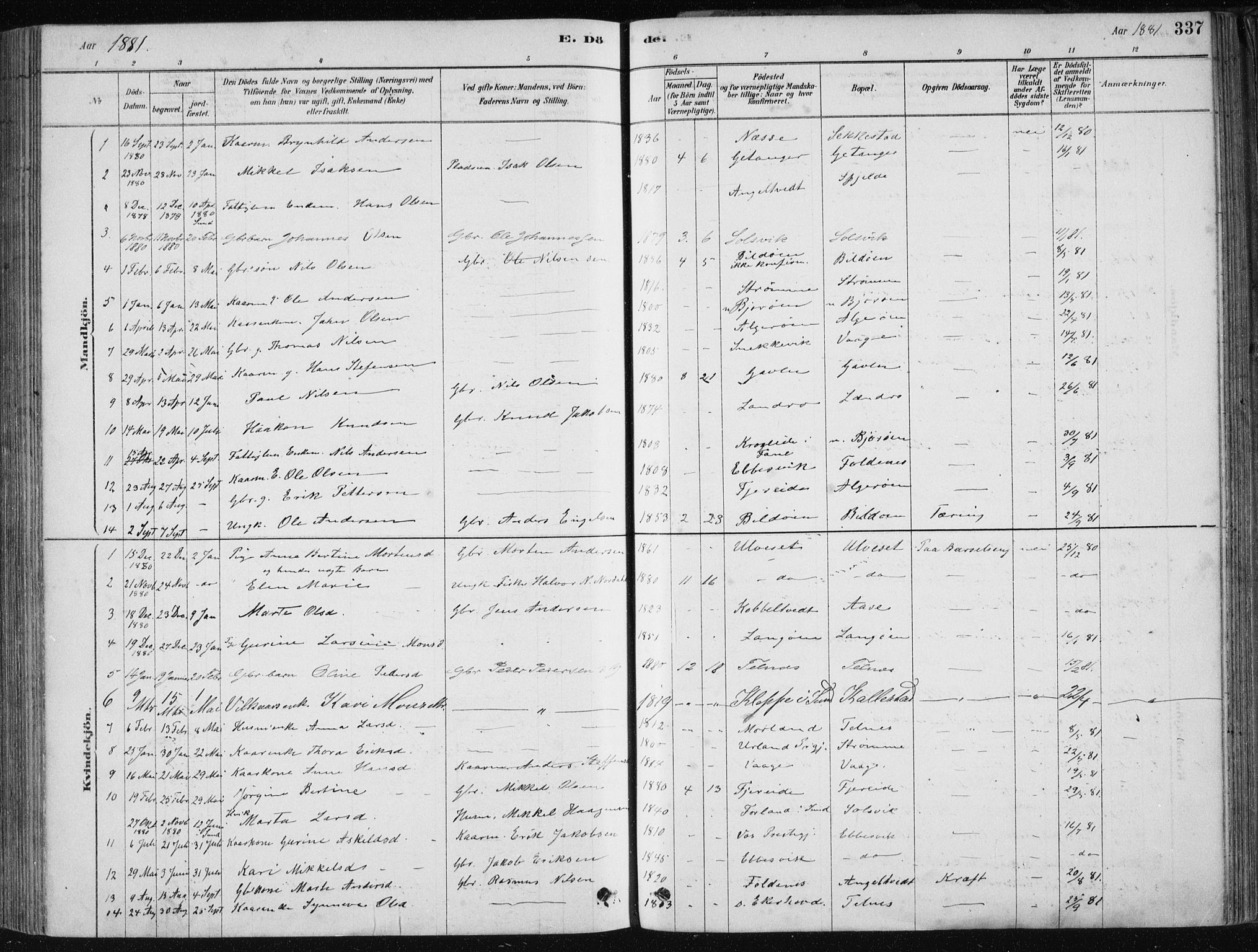 Fjell sokneprestembete, SAB/A-75301/H/Haa: Parish register (official) no. A  8, 1878-1898, p. 337