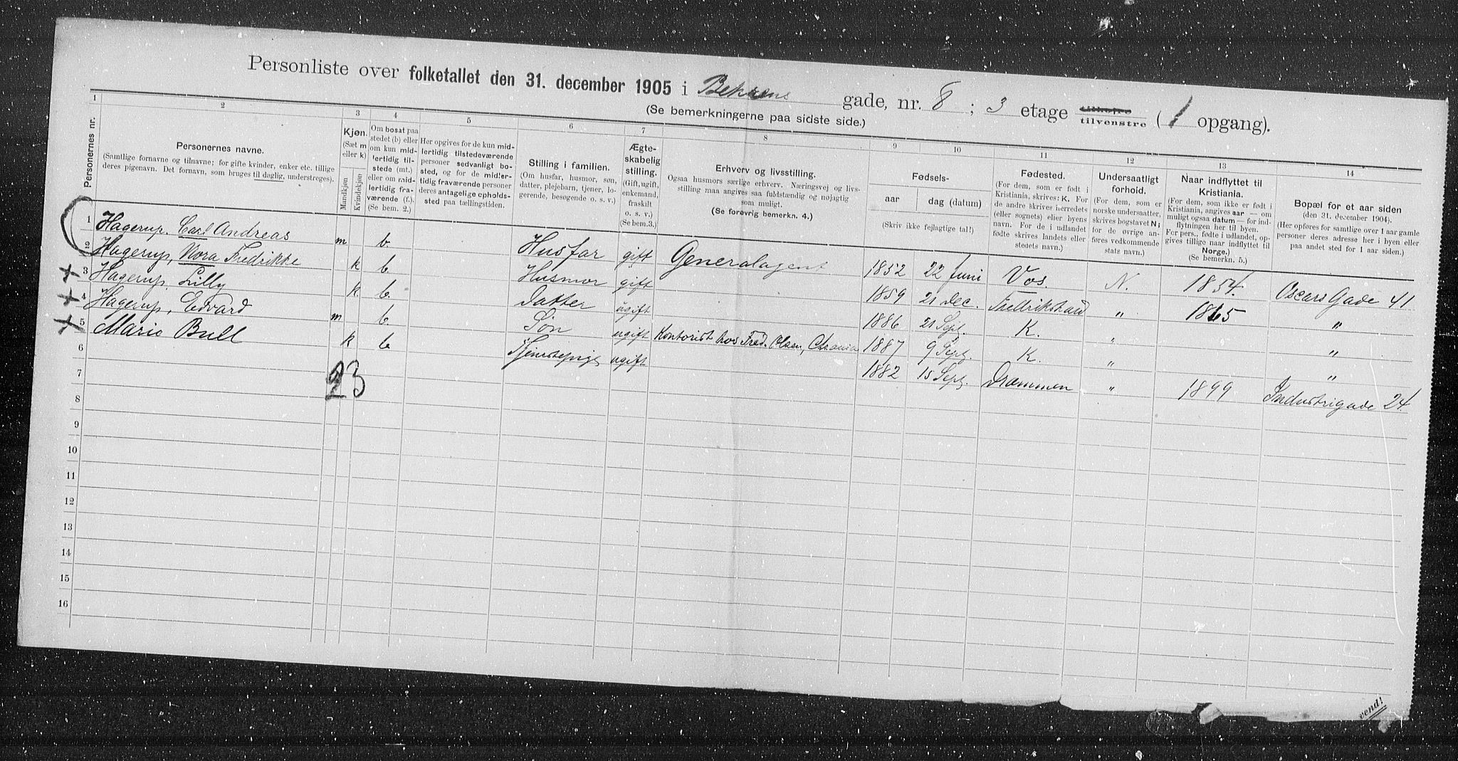 OBA, Municipal Census 1905 for Kristiania, 1905, p. 1764