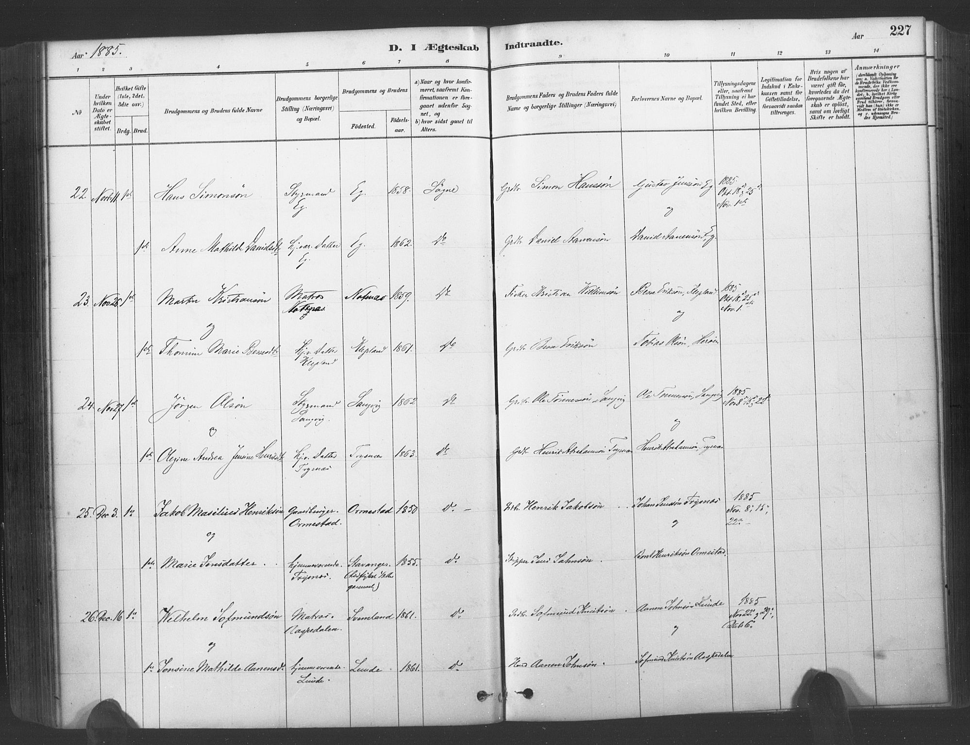 Søgne sokneprestkontor, SAK/1111-0037/F/Fa/Fab/L0012: Parish register (official) no. A 12, 1880-1891, p. 227