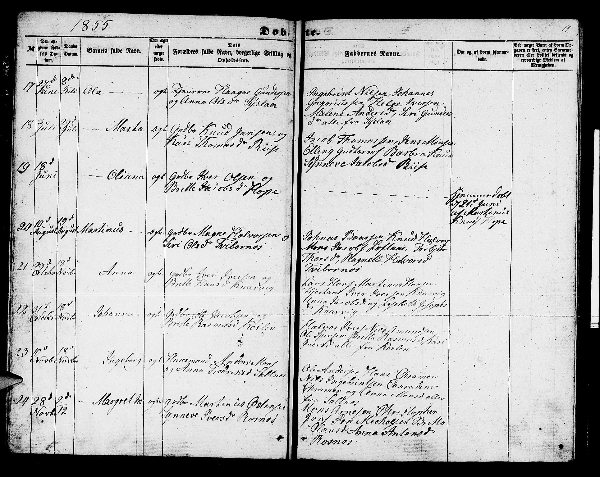 Lindås Sokneprestembete, SAB/A-76701/H/Hab: Parish register (copy) no. B 1, 1853-1866, p. 11