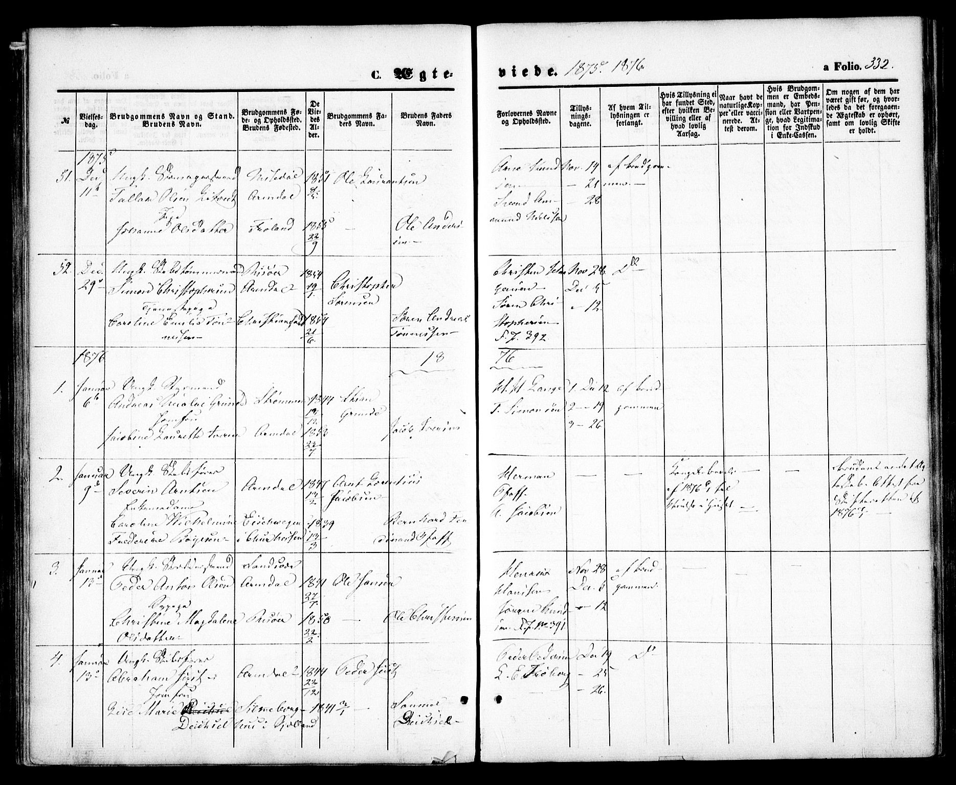 Arendal sokneprestkontor, Trefoldighet, AV/SAK-1111-0040/F/Fa/L0007: Parish register (official) no. A 7, 1868-1878, p. 332