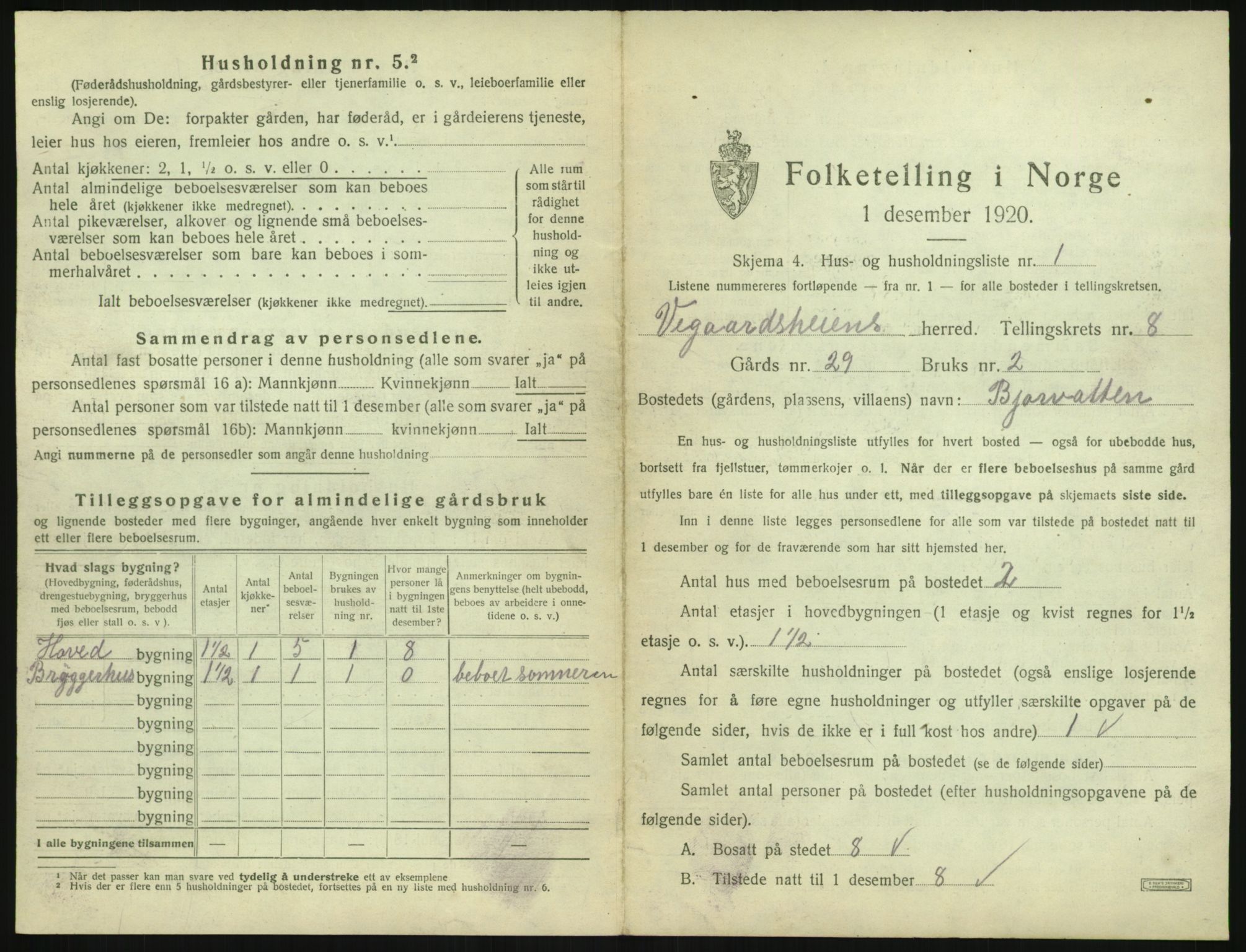 SAK, 1920 census for Vegårshei, 1920, p. 416