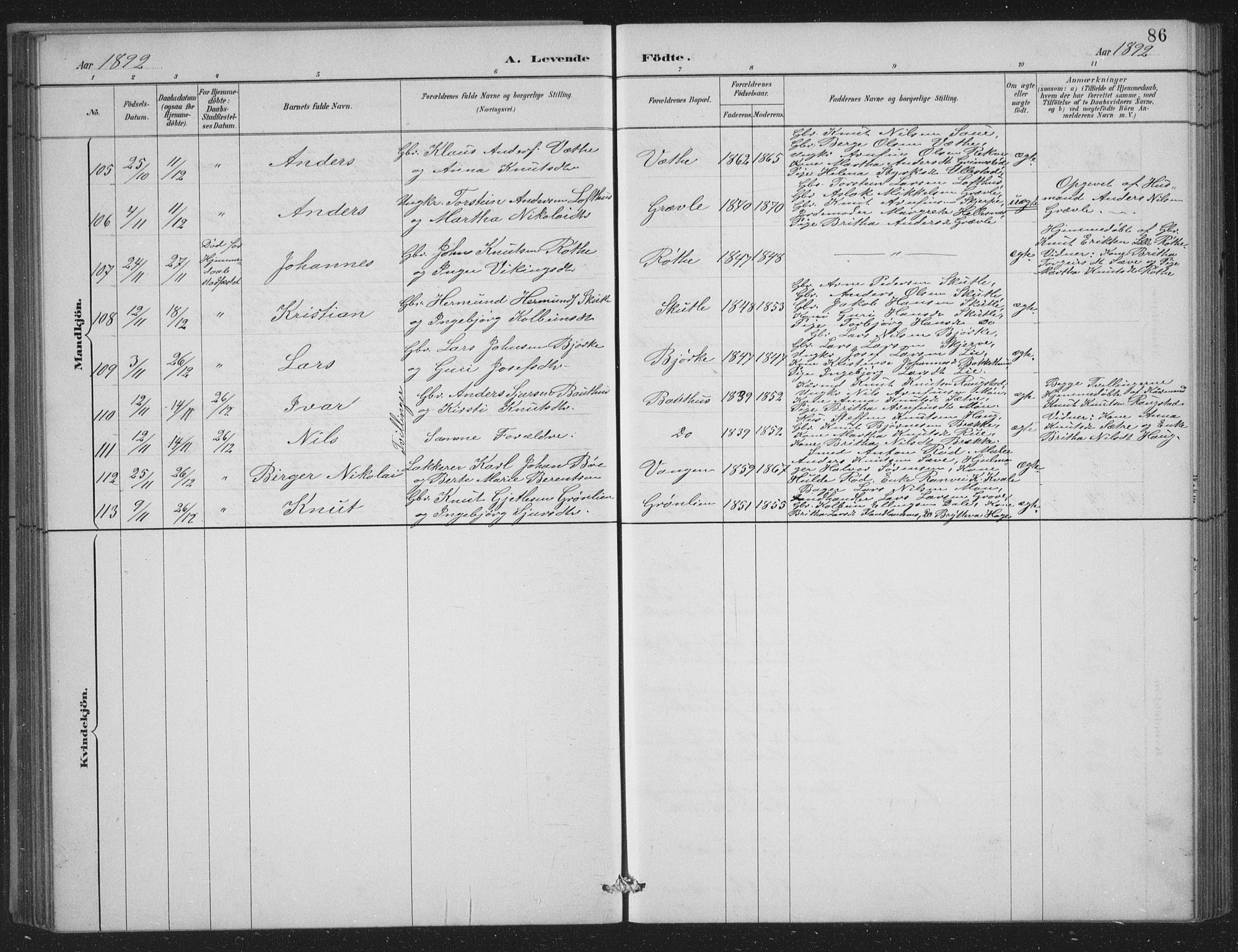 Voss sokneprestembete, SAB/A-79001/H/Hab: Parish register (copy) no. C 1, 1886-1899, p. 86