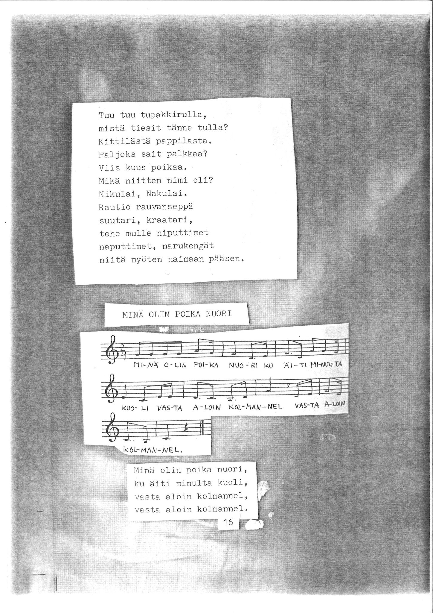 Vadsø museum - Ruija kvenmuseum, VAMU/A-0531/G/L0001/0001: Innsamling / Innsamling av kvenmusikk, 1987-1988, p. 135