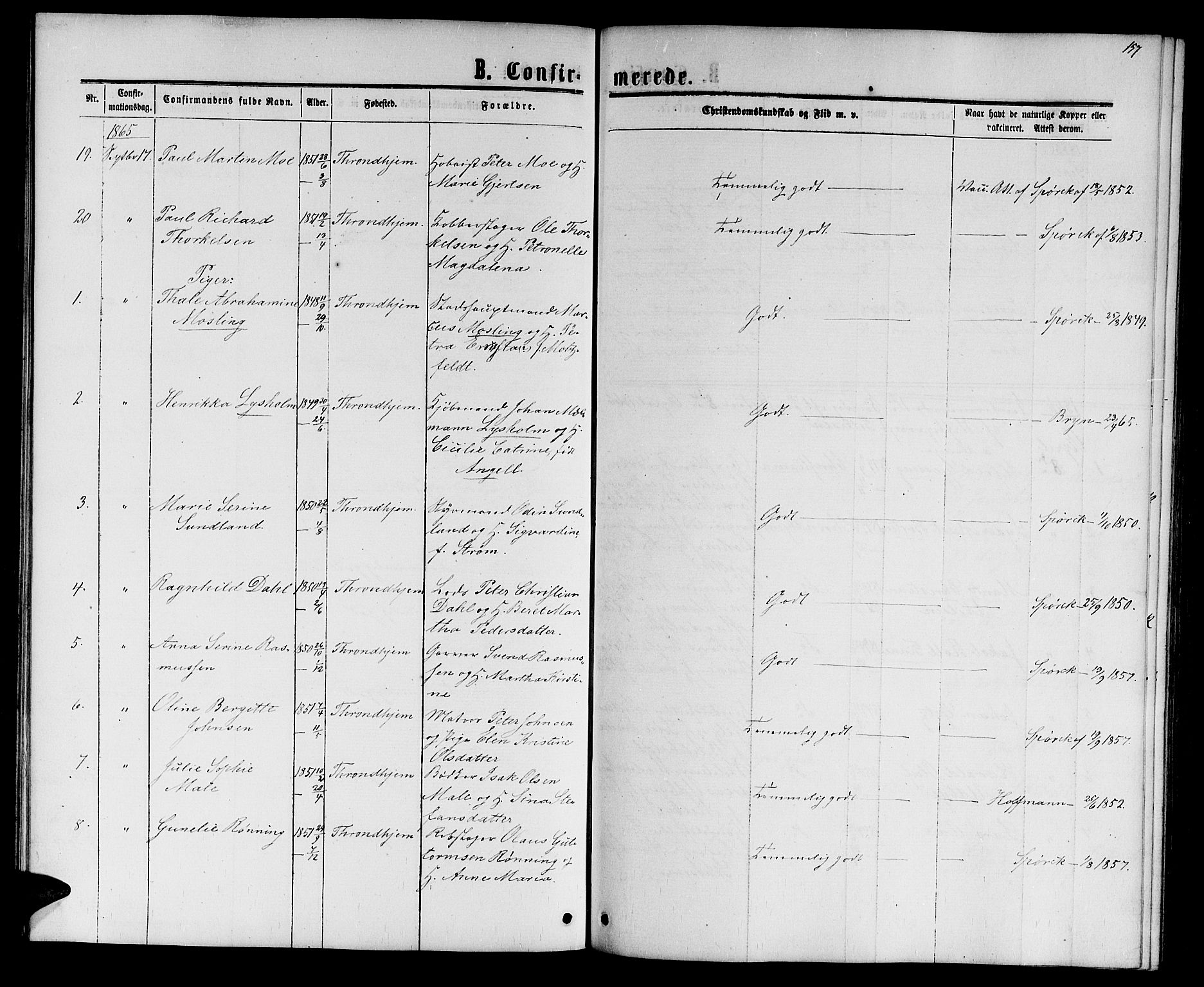Ministerialprotokoller, klokkerbøker og fødselsregistre - Sør-Trøndelag, SAT/A-1456/601/L0087: Parish register (copy) no. 601C05, 1864-1881, p. 157