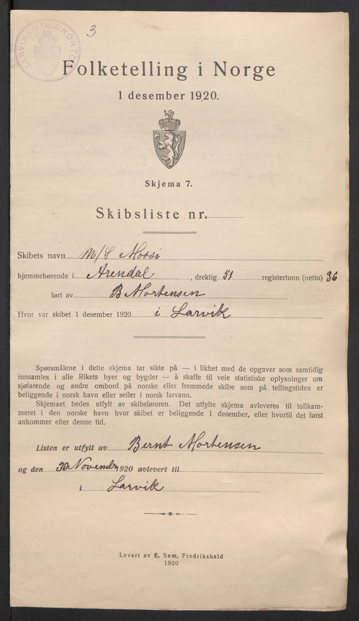 SAKO, 1920 census for Larvik, 1920, p. 31787