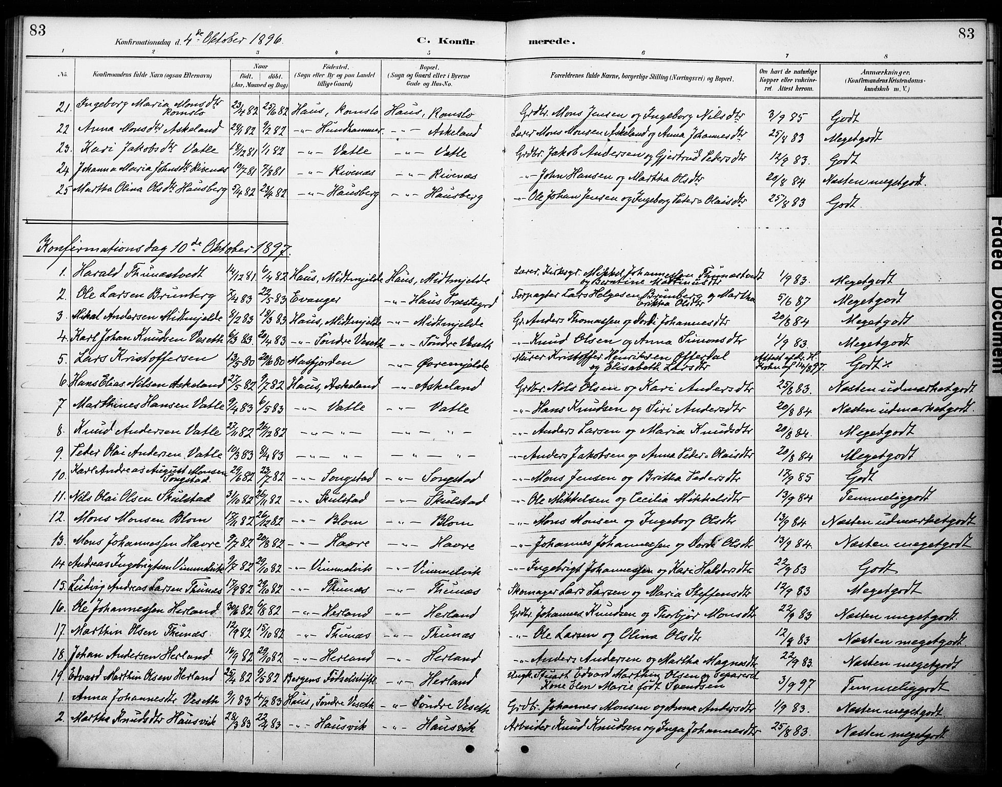 Haus sokneprestembete, AV/SAB-A-75601/H/Haa: Parish register (official) no. B 1, 1887-1898, p. 83