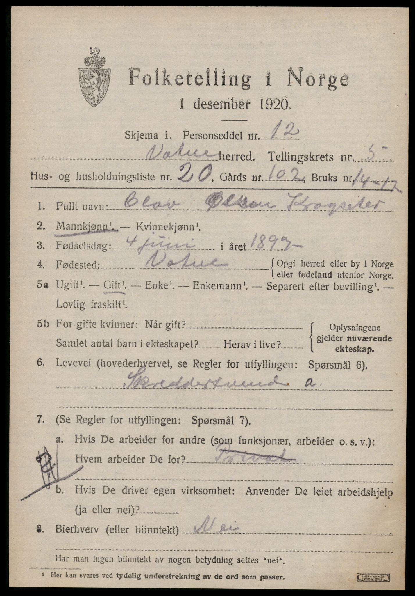 SAT, 1920 census for Vatne, 1920, p. 2434