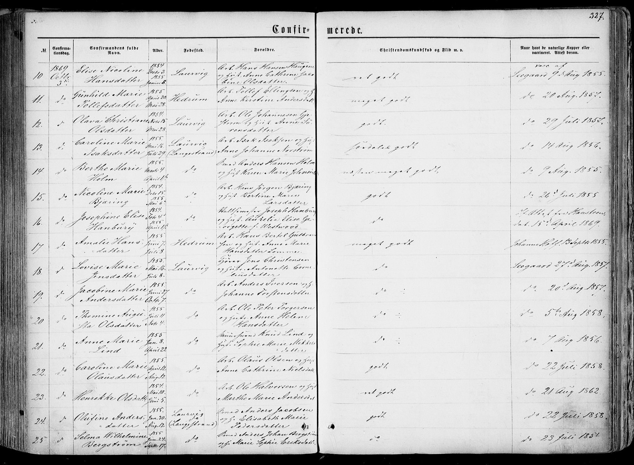 Larvik kirkebøker, AV/SAKO-A-352/F/Fa/L0004: Parish register (official) no. I 4, 1856-1870, p. 327