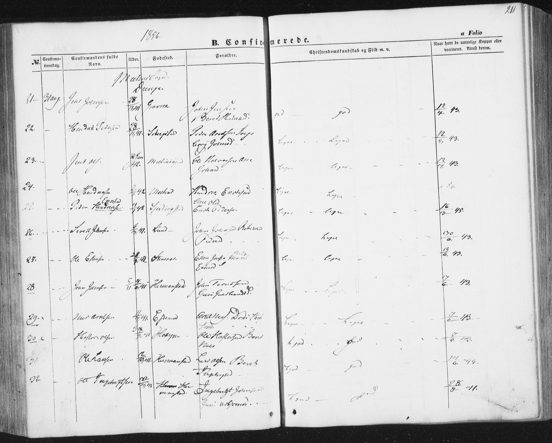 Ministerialprotokoller, klokkerbøker og fødselsregistre - Sør-Trøndelag, AV/SAT-A-1456/691/L1076: Parish register (official) no. 691A08, 1852-1861, p. 211