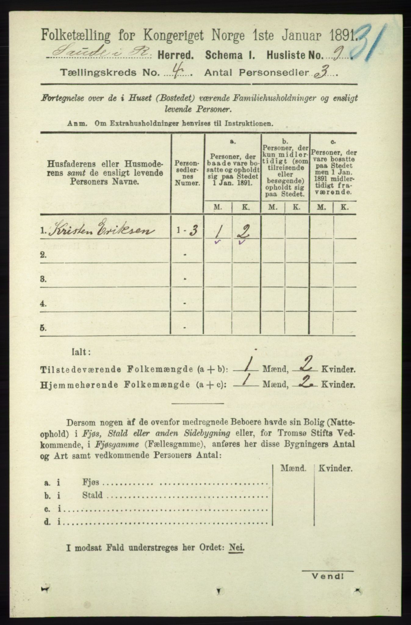 RA, 1891 census for 1135 Sauda, 1891, p. 1749