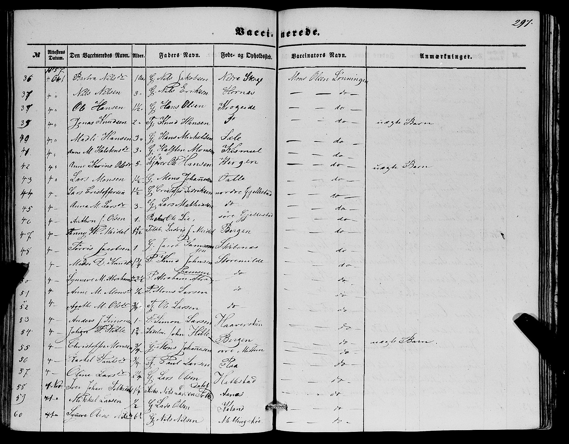 Fana Sokneprestembete, AV/SAB-A-75101/H/Haa/Haaa/L0011: Parish register (official) no. A 11, 1851-1862, p. 297