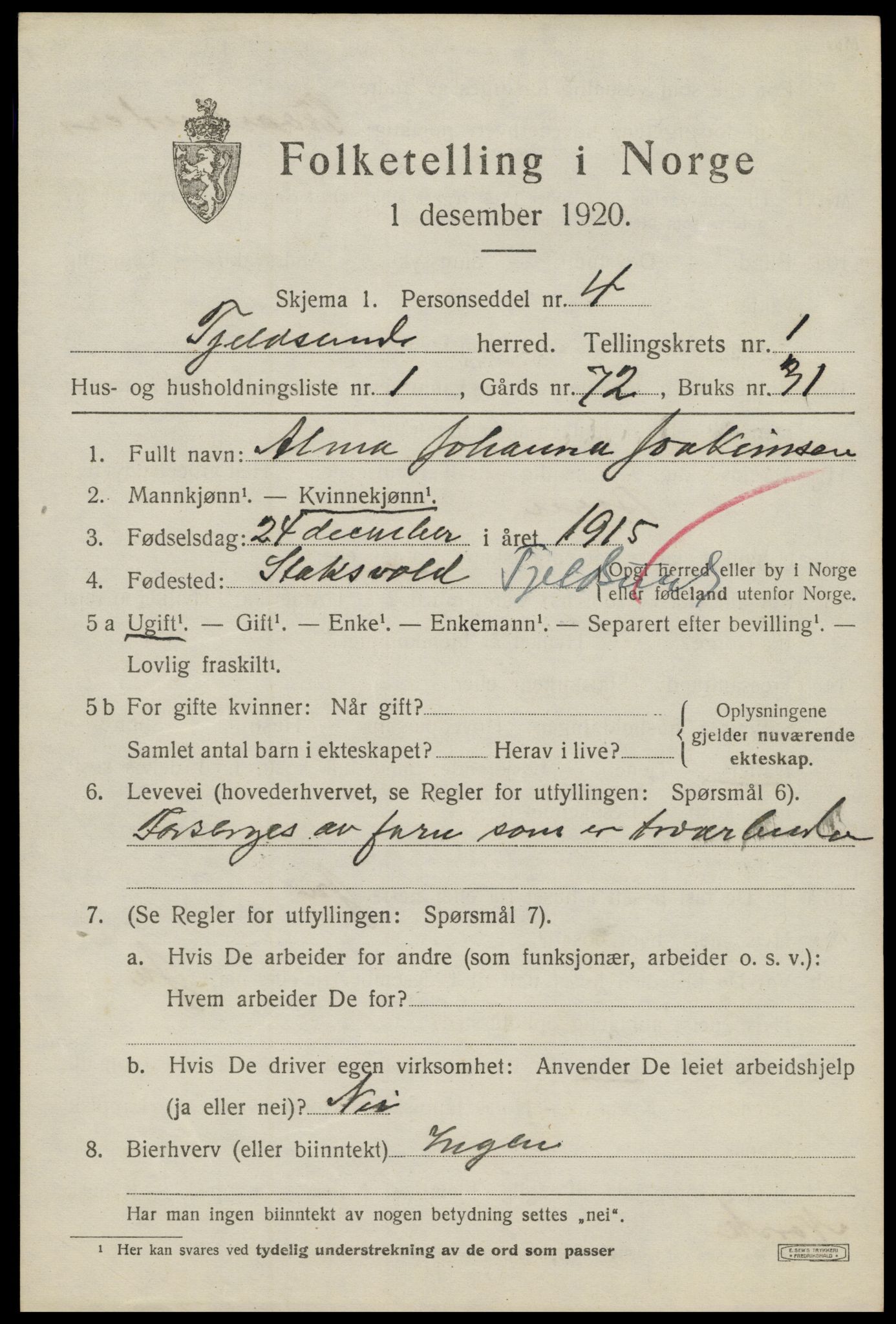 SAT, 1920 census for Tjeldsund, 1920, p. 506