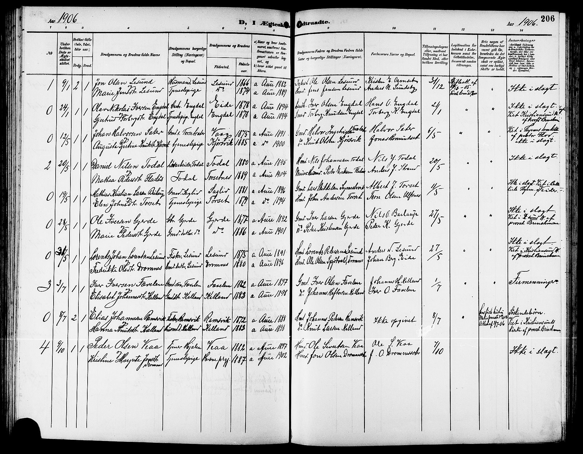 Ministerialprotokoller, klokkerbøker og fødselsregistre - Møre og Romsdal, AV/SAT-A-1454/578/L0910: Parish register (copy) no. 578C03, 1900-1921, p. 206