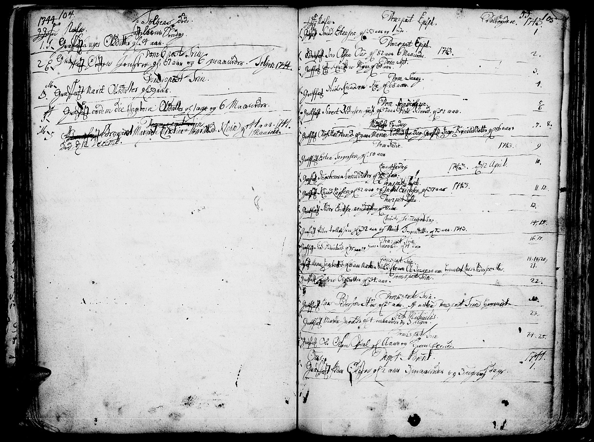 Tolga prestekontor, SAH/PREST-062/K/L0001: Parish register (official) no. 1, 1733-1767, p. 104-105